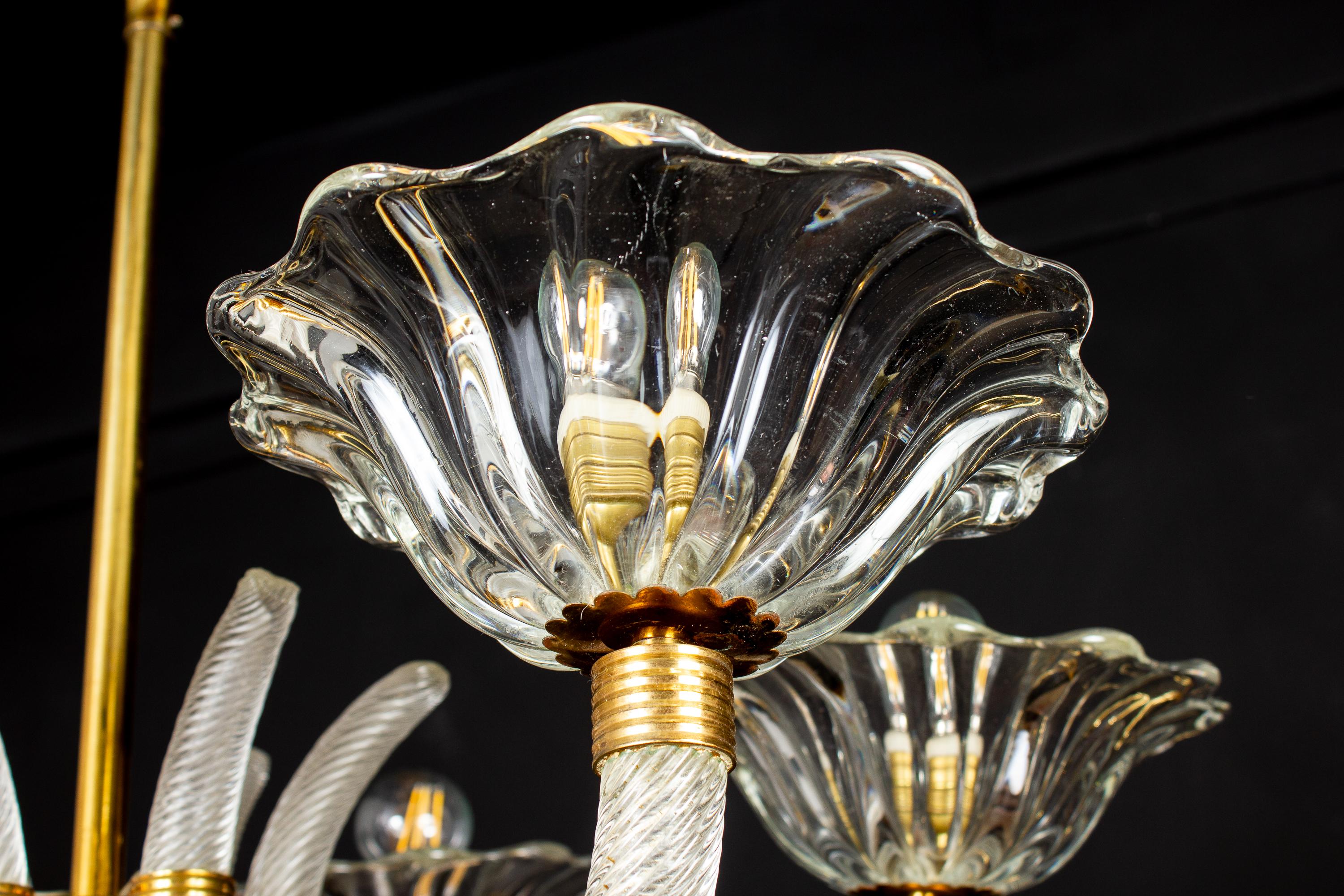 Blown Glass Art Deco Brass Mounted Murano Glass Chandelier by Ercole Barovier, 1940 For Sale