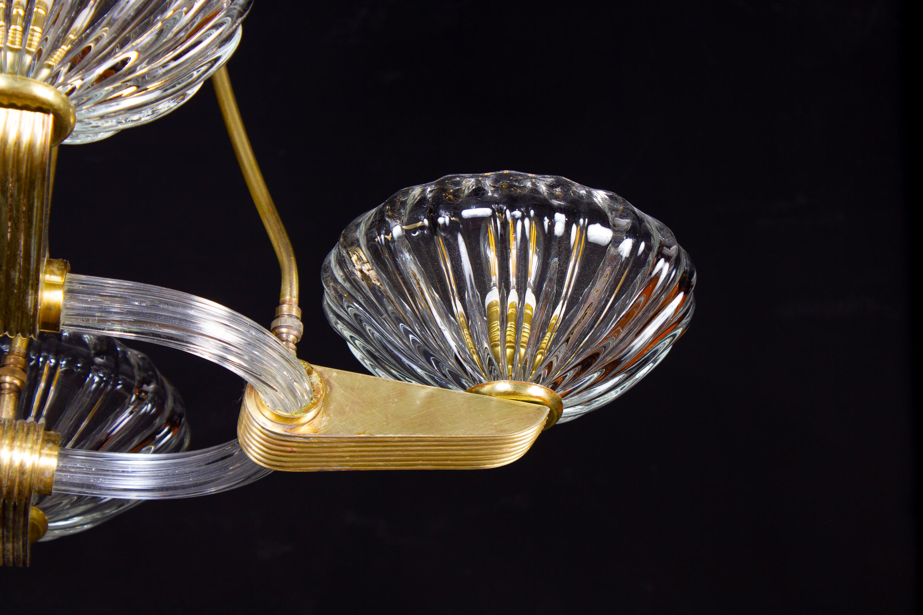 Blown Glass Art Deco Brass Mounted Murano Glass Chandelier by Ercole Barovier, 1940
