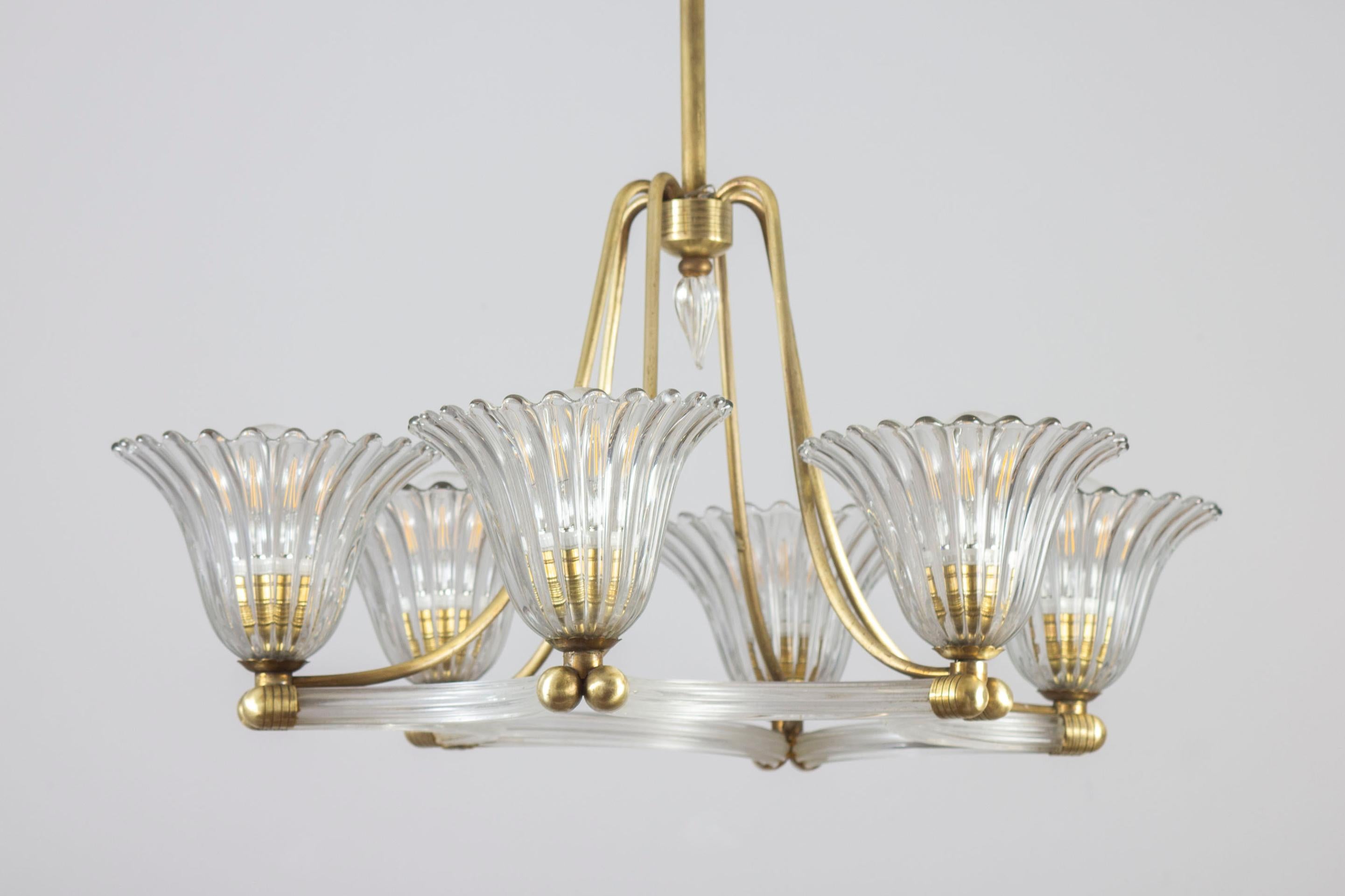 Blown Glass  Art Deco Brass Mounted Murano Glass Chandelier by Ercole Barovier 1940 For Sale