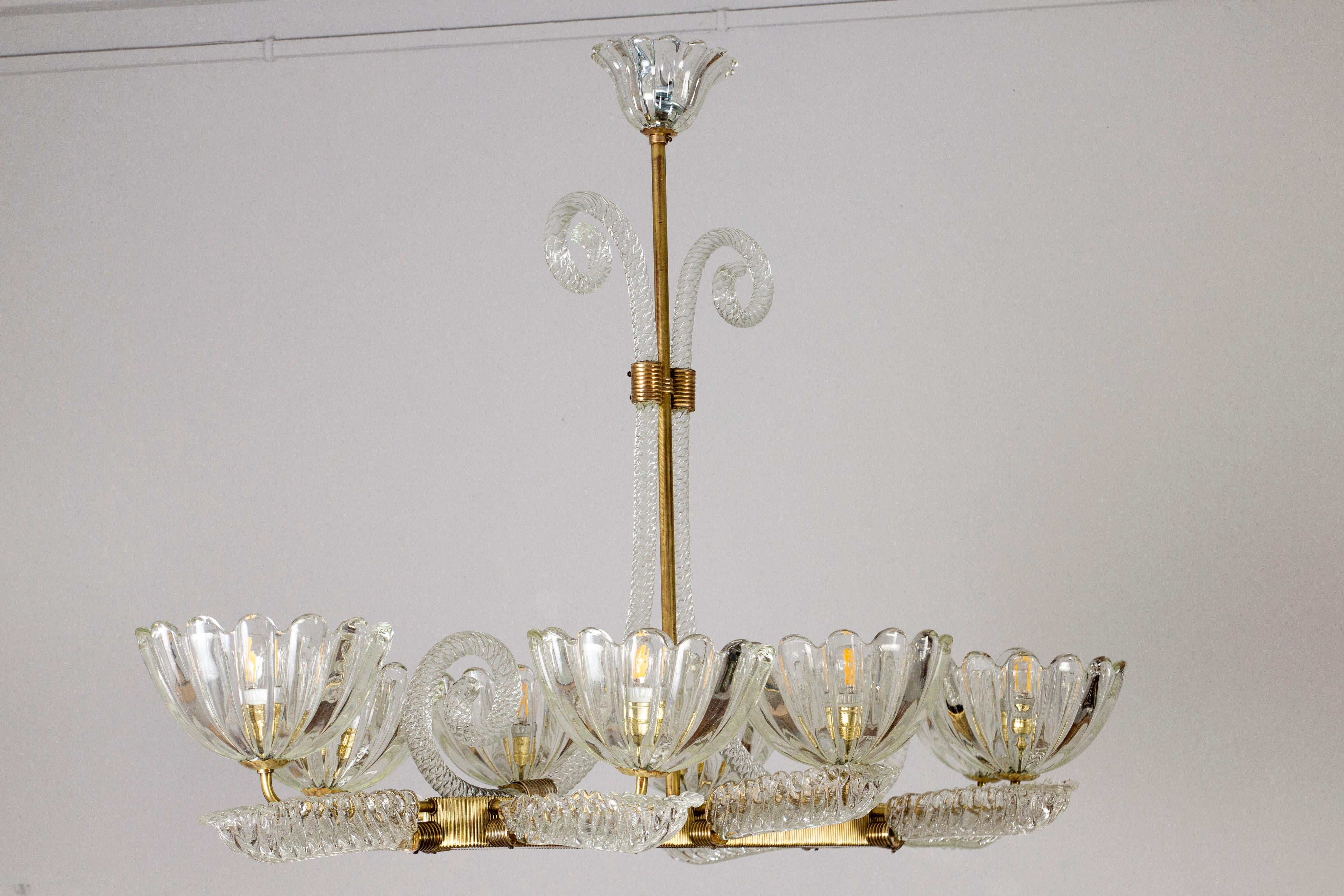 Blown Glass Art Deco Brass Mounted Murano Glass Chandelier by Ercole Barovier, 1940 For Sale