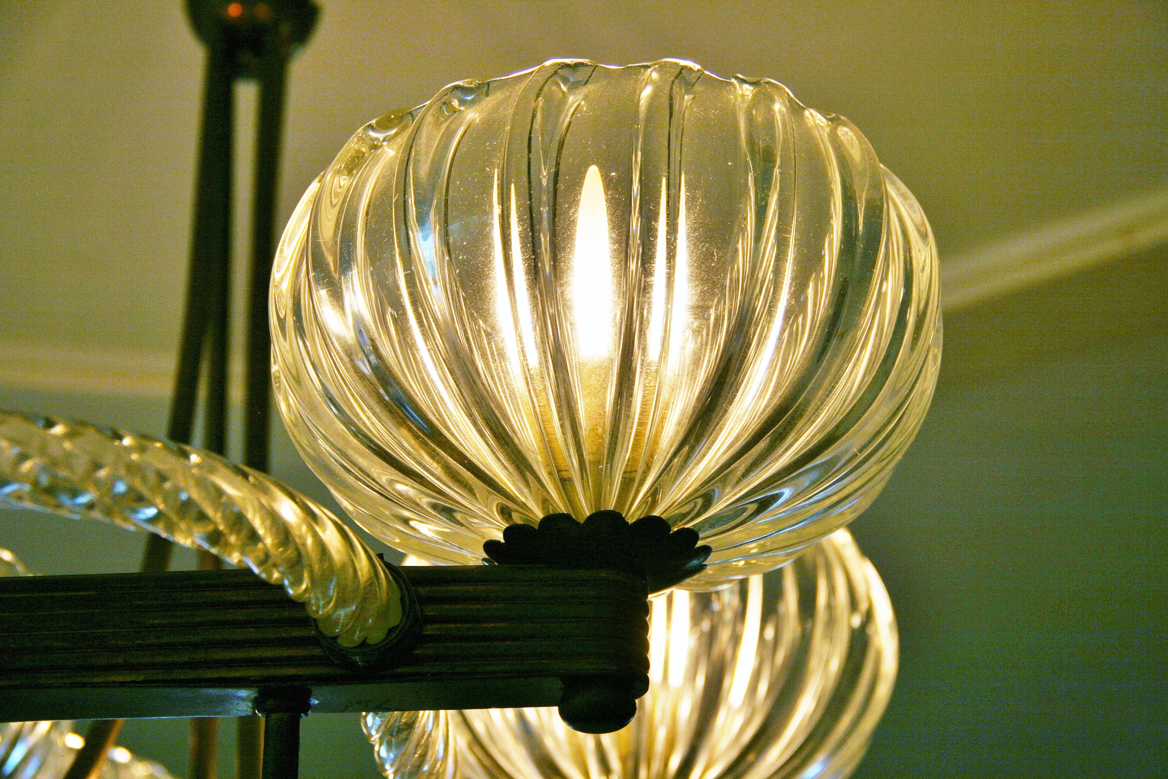 Art Deco Brass Mounted Murano Glass Chandelier by Ercole Barovier, 1940 3