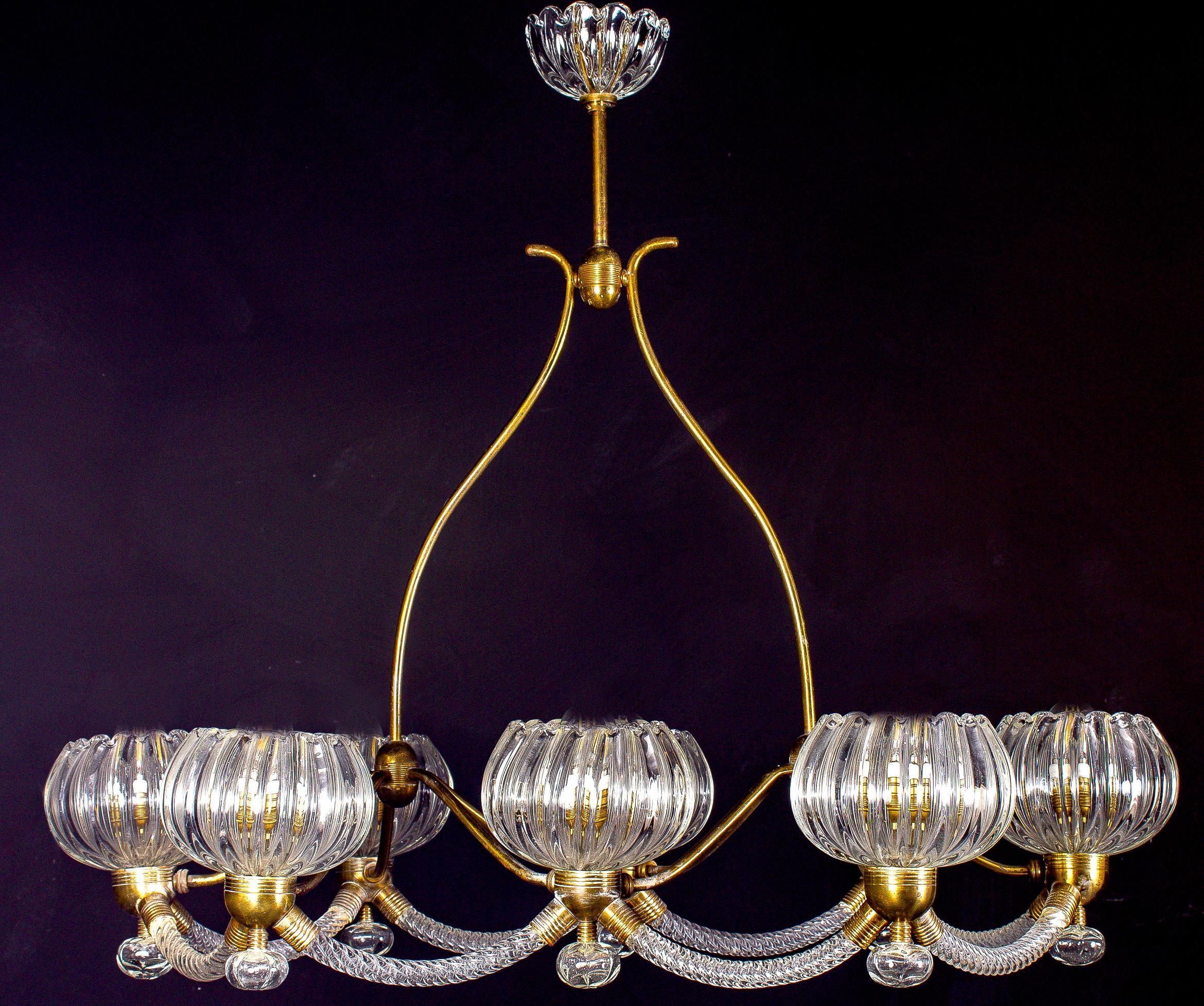 Art Deco Brass Mounted Murano Glass Chandelier by Ercole Barovier, 1940 1