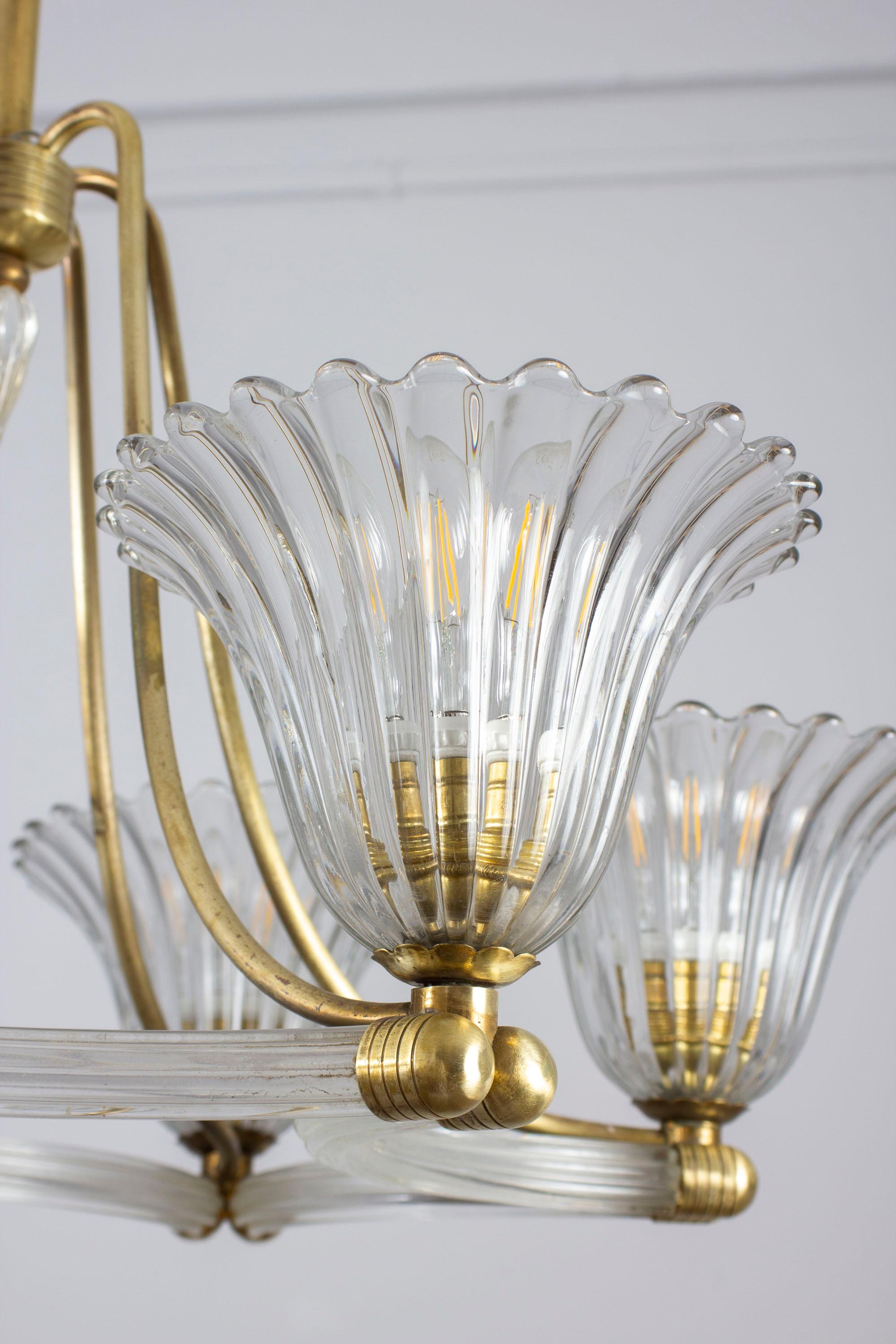  Art Deco Brass Mounted Murano Glass Chandelier by Ercole Barovier 1940 For Sale 1