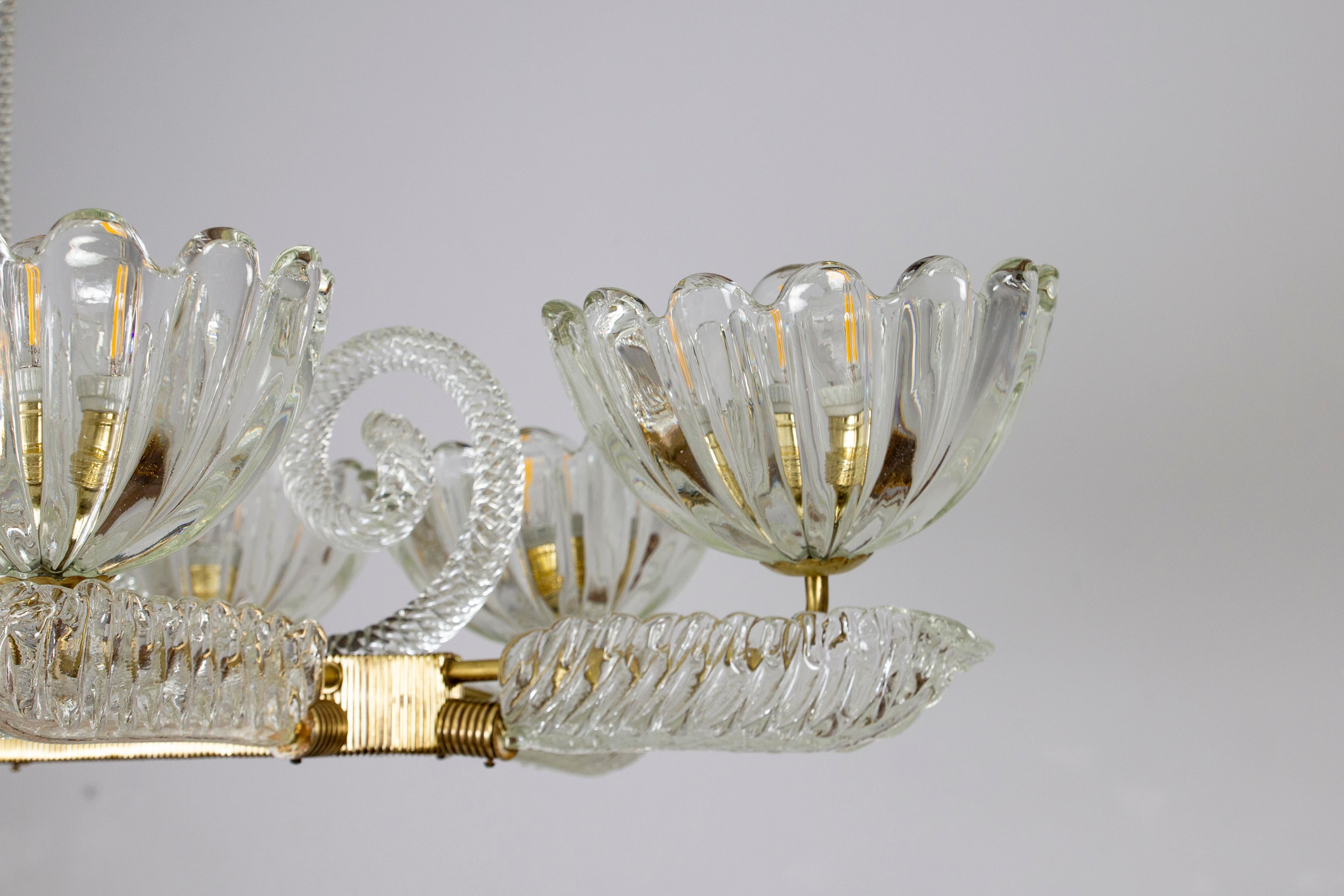 Art Deco Brass Mounted Murano Glass Chandelier by Ercole Barovier, 1940 For Sale 1
