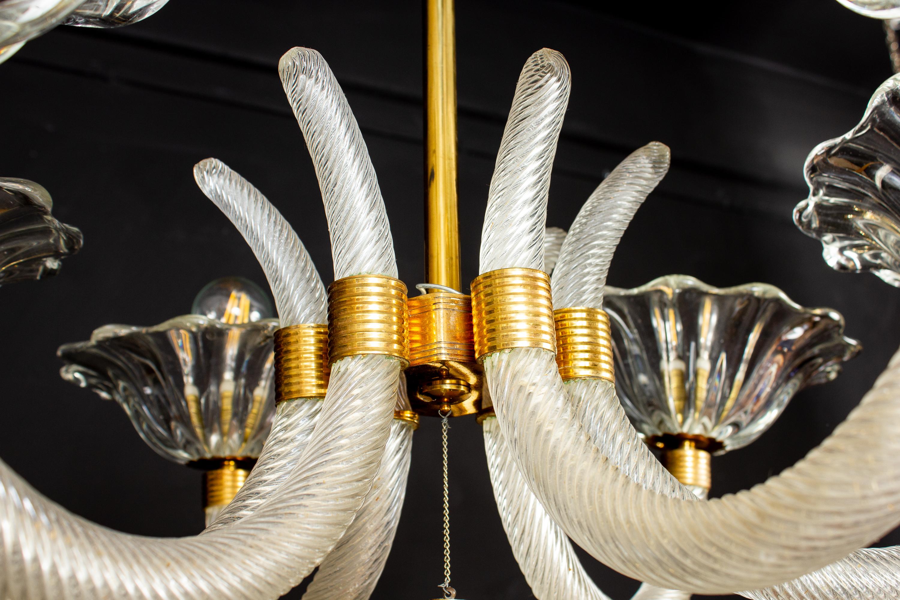 Art Deco Brass Mounted Murano Glass Chandelier by Ercole Barovier, 1940 2