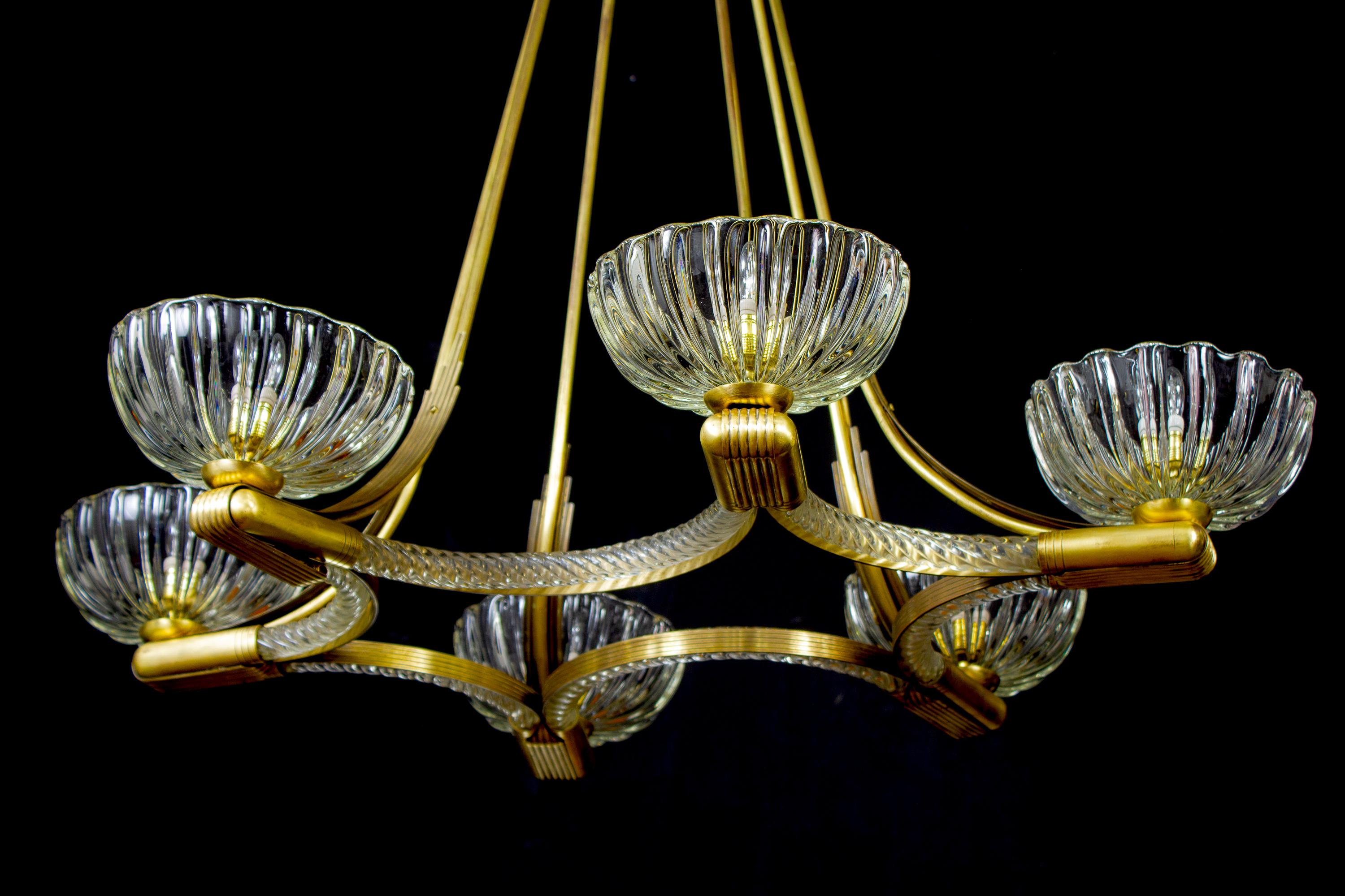 Art Deco Brass Mounted Murano Glass Chandelier by Ercole Barovier, 1940 2