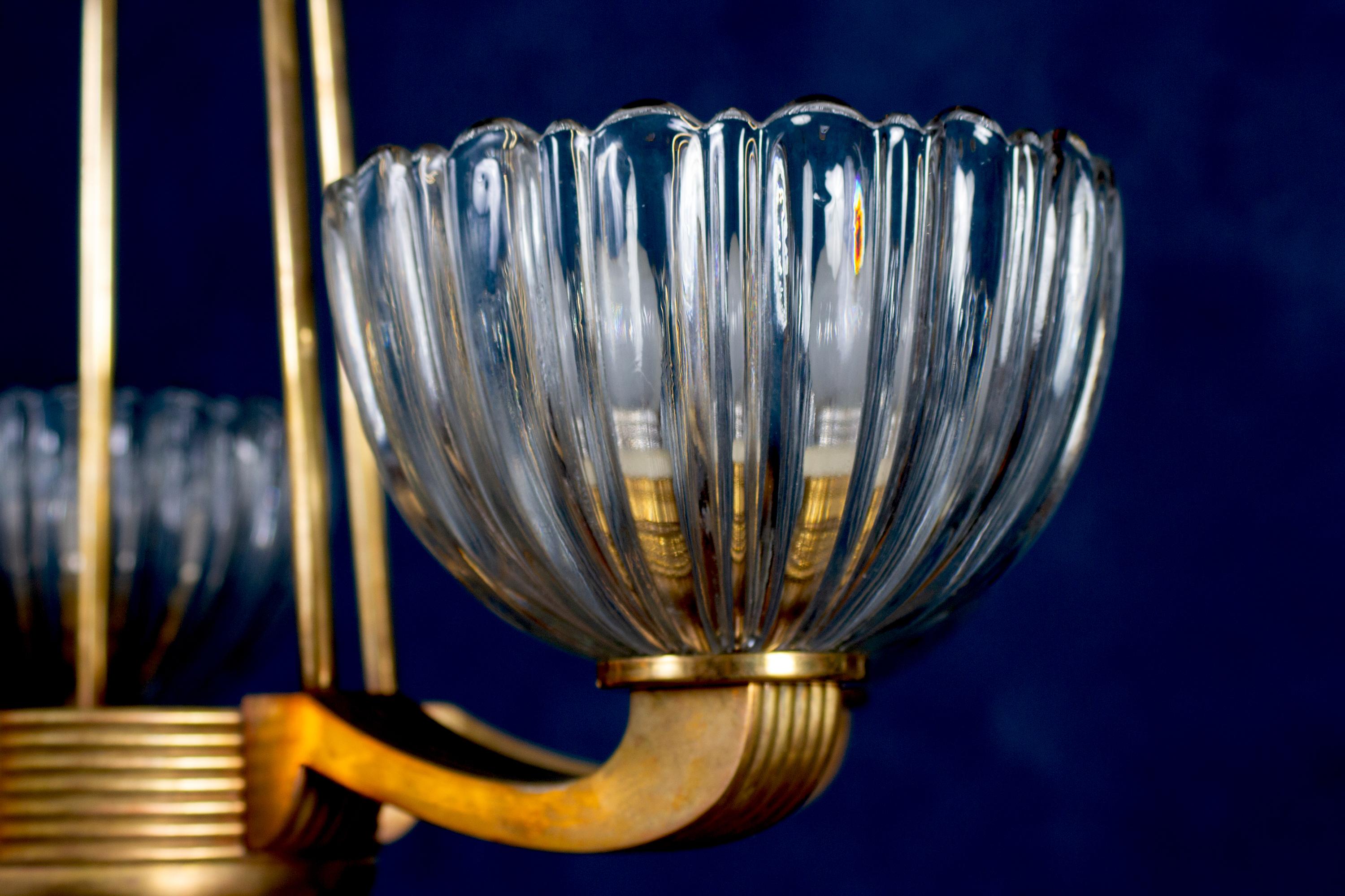 Art Deco Brass Mounted Murano Glass Chandelier by Ercole Barovier, 1940 2