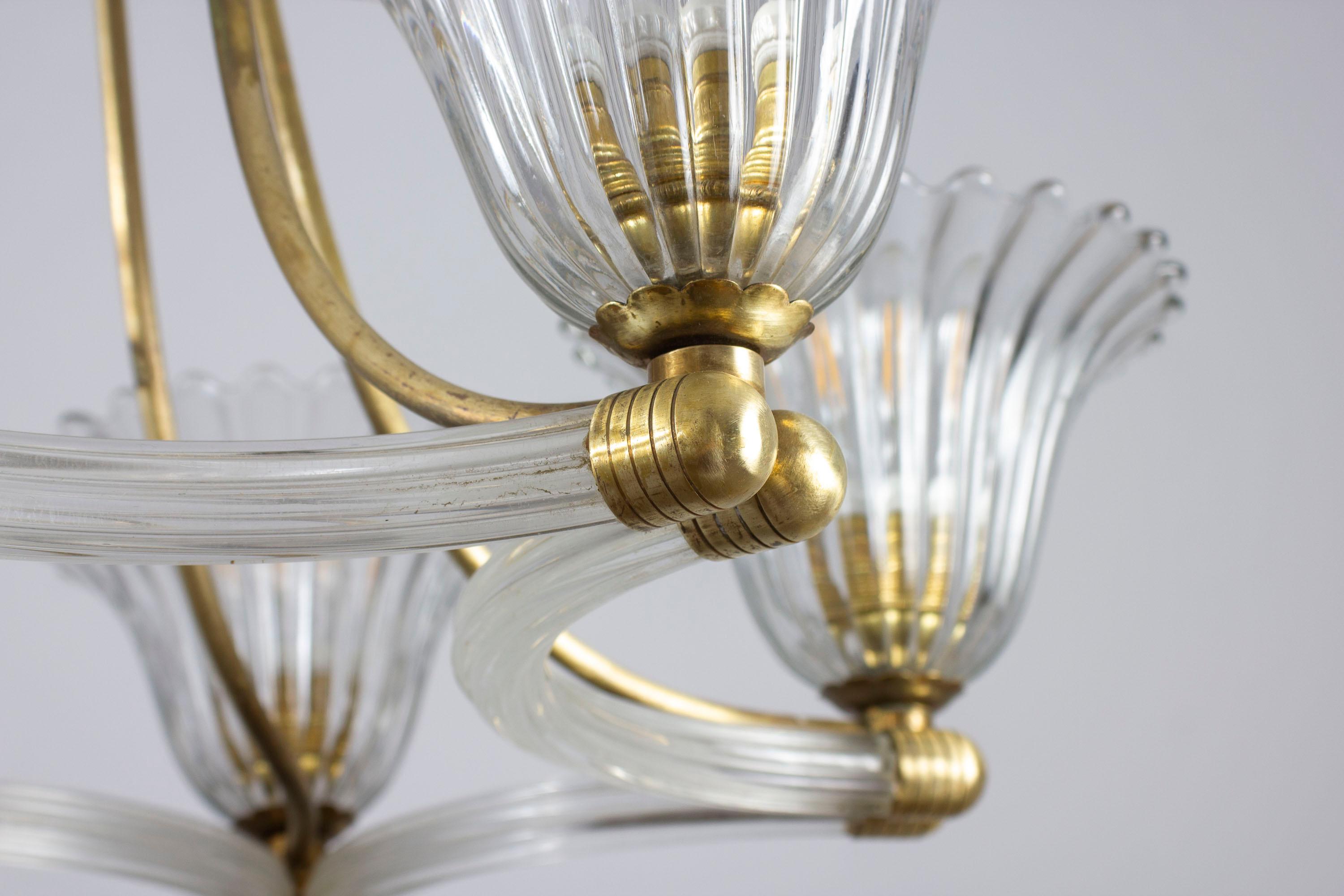  Art Deco Brass Mounted Murano Glass Chandelier by Ercole Barovier 1940 For Sale 2