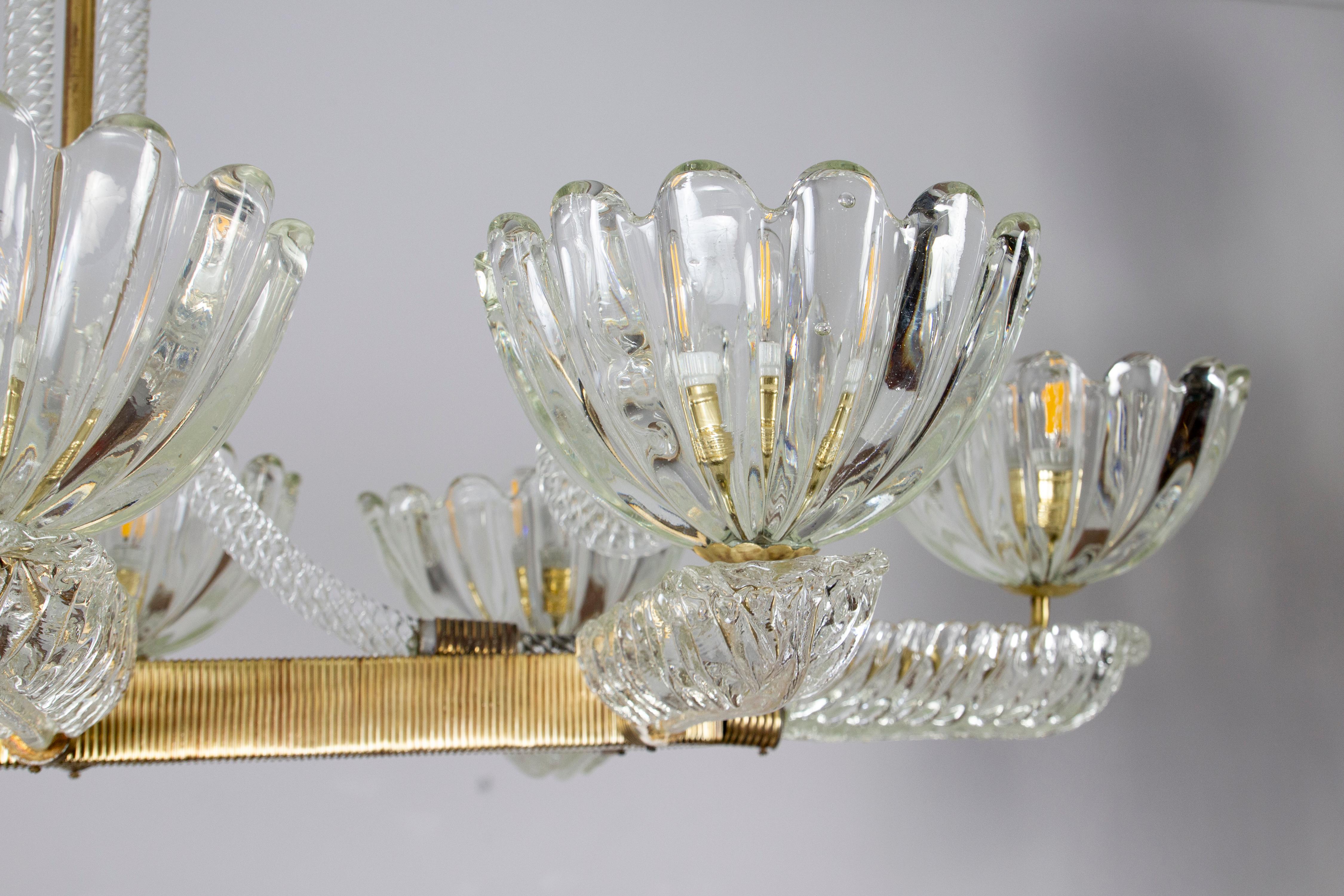 Art Deco Brass Mounted Murano Glass Chandelier by Ercole Barovier, 1940 For Sale 2