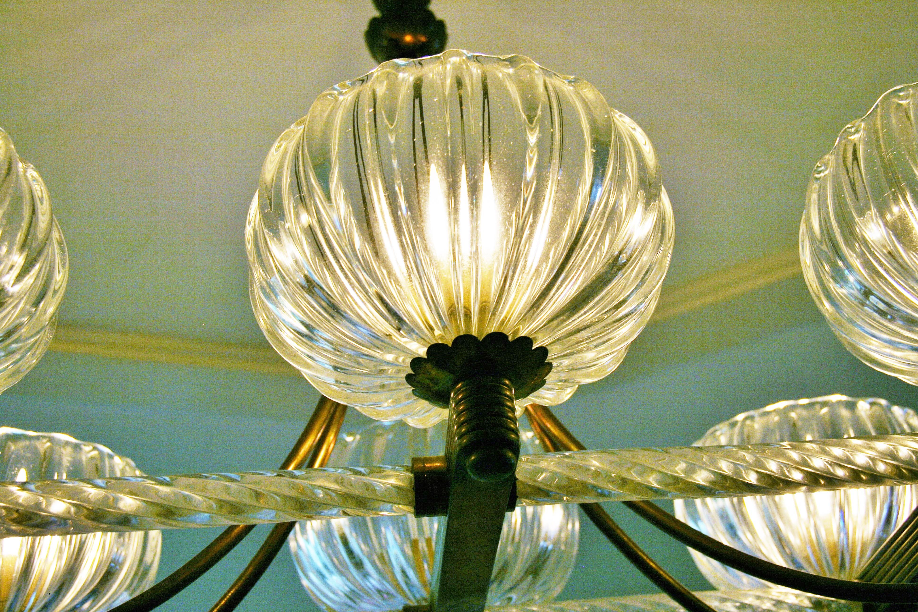 Art Deco Brass Mounted Murano Glass Chandelier by Ercole Barovier, 1940 5