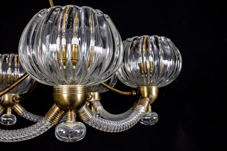 Art Deco Brass Mounted Murano Glass Chandelier by Ercole Barovier, 1940 For Sale 3