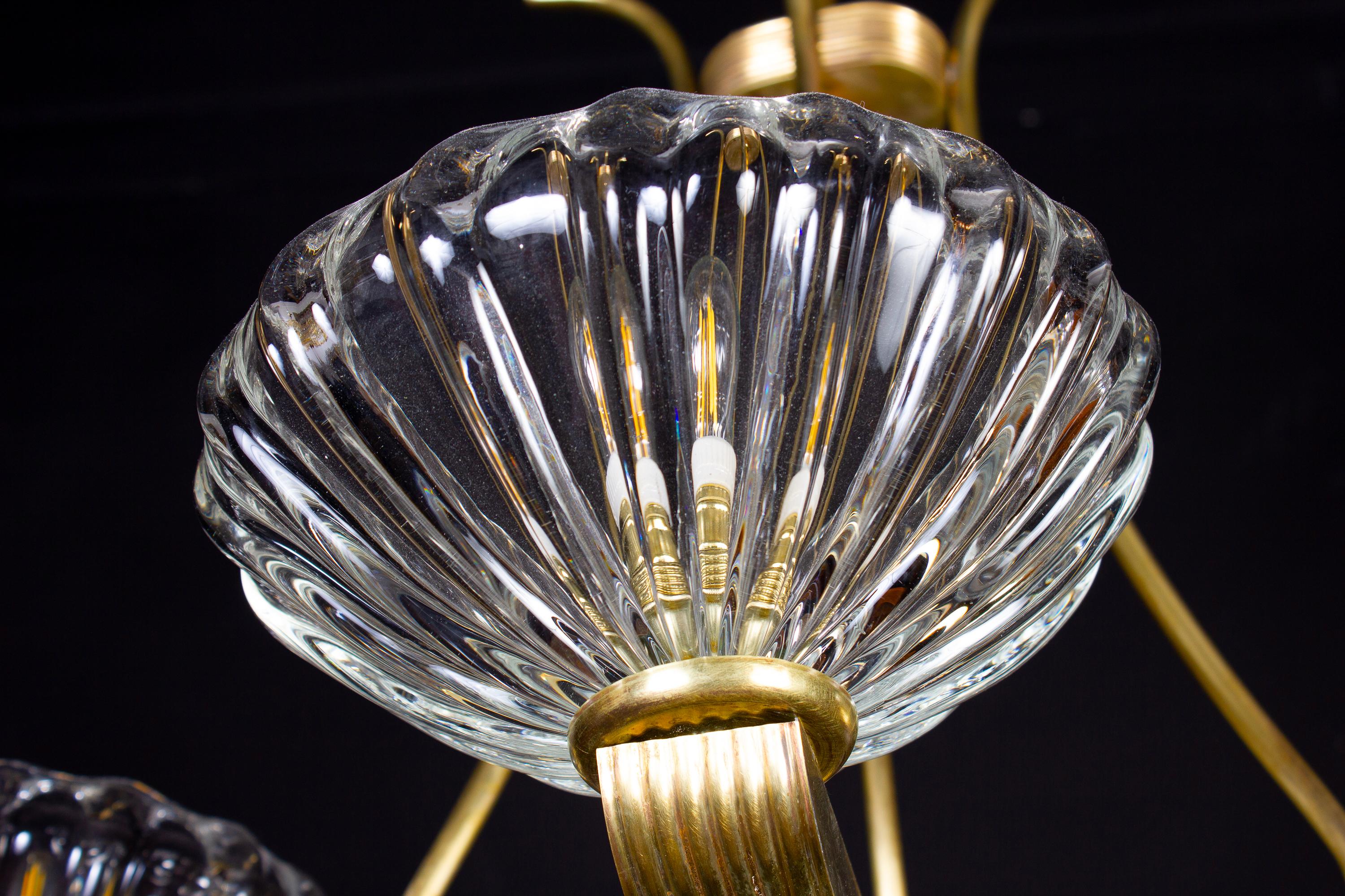 Art Deco Brass Mounted Murano Glass Chandelier by Ercole Barovier, 1940 3