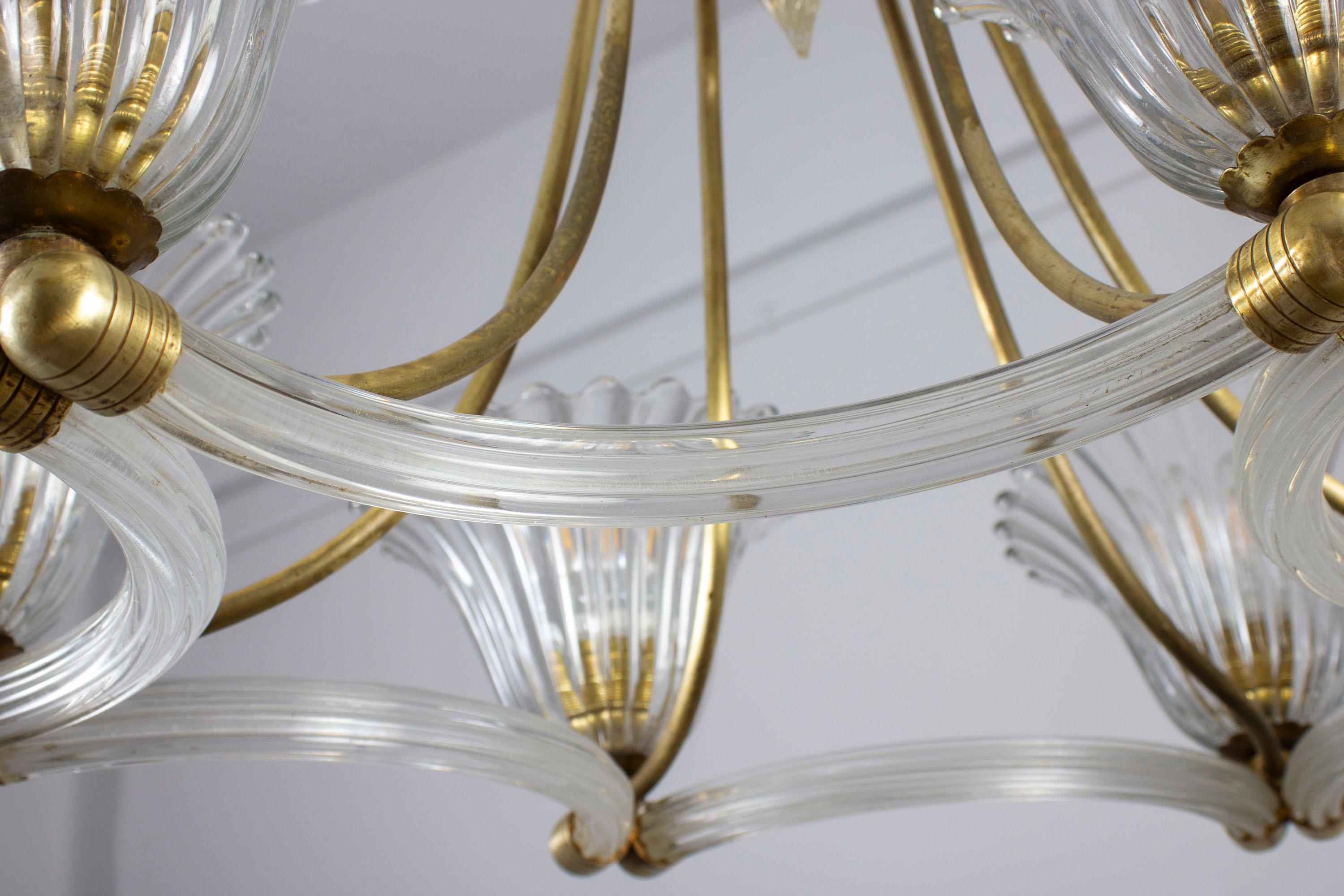  Art Deco Brass Mounted Murano Glass Chandelier by Ercole Barovier 1940 For Sale 3