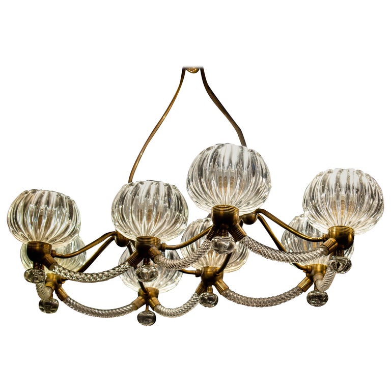 Art Deco Brass Mounted Murano Glass Chandelier by Ercole Barovier, 1940 For Sale