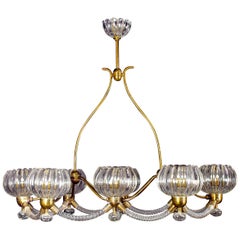 Art Deco Brass Mounted Murano Glass Chandelier by Ercole Barovier, 1940