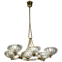 Art Deco Brass Mounted Murano Glass Chandelier by Ercole Barovier, 1940