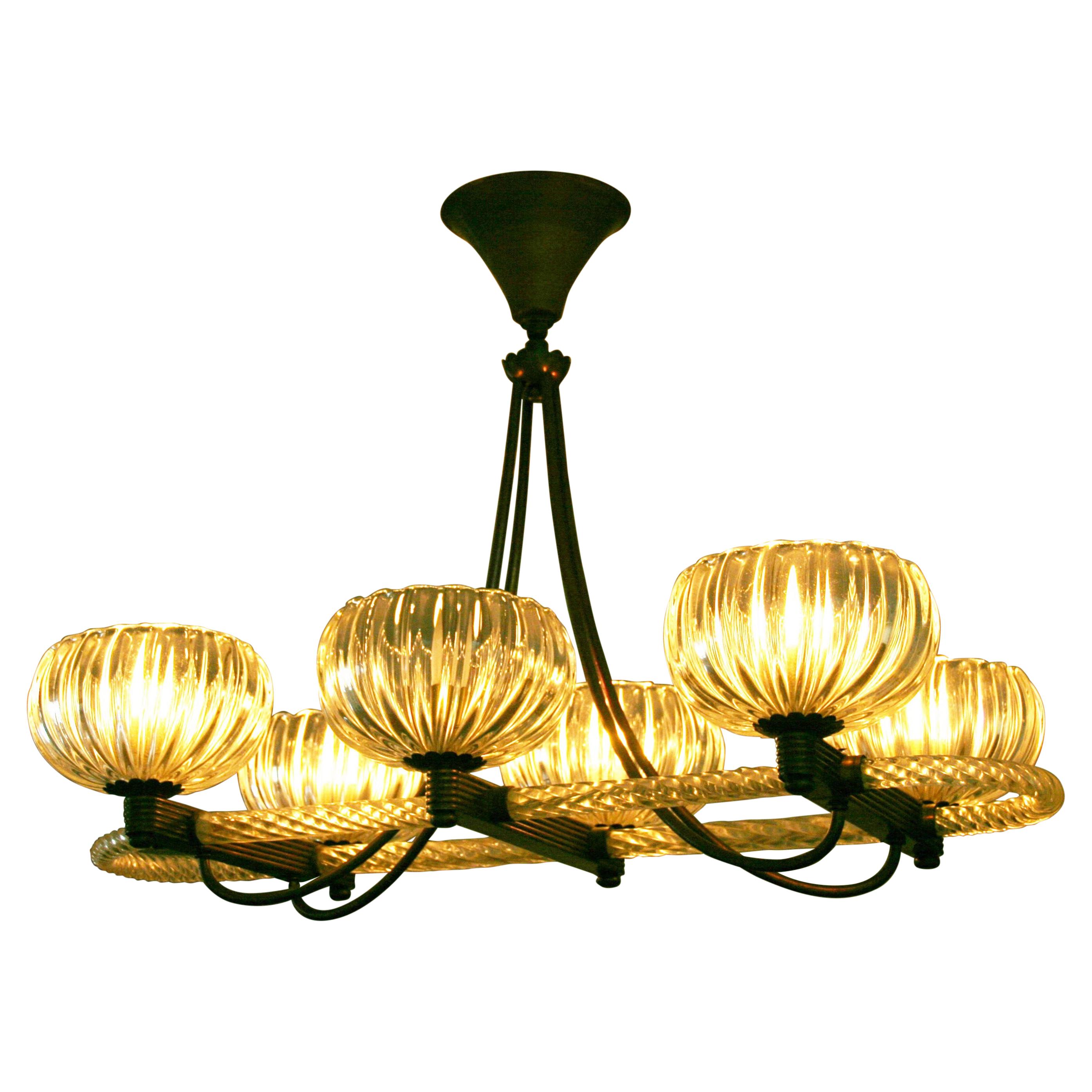 Art Deco Brass Mounted Murano Glass Chandelier by Ercole Barovier, 1940