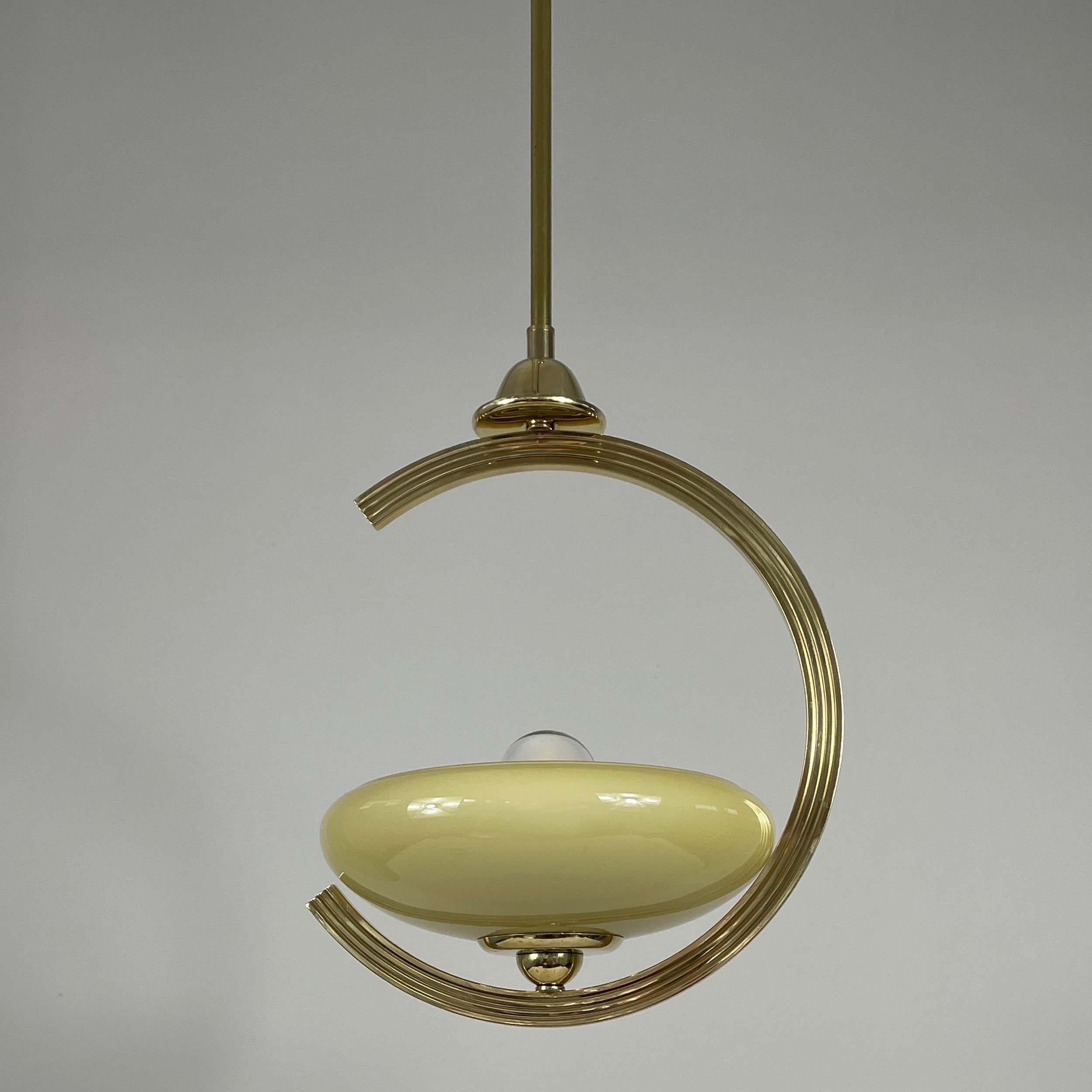 Art Deco Brass & Opaline Glass Pendant, Sweden 1940s In Good Condition For Sale In NUEMBRECHT, NRW