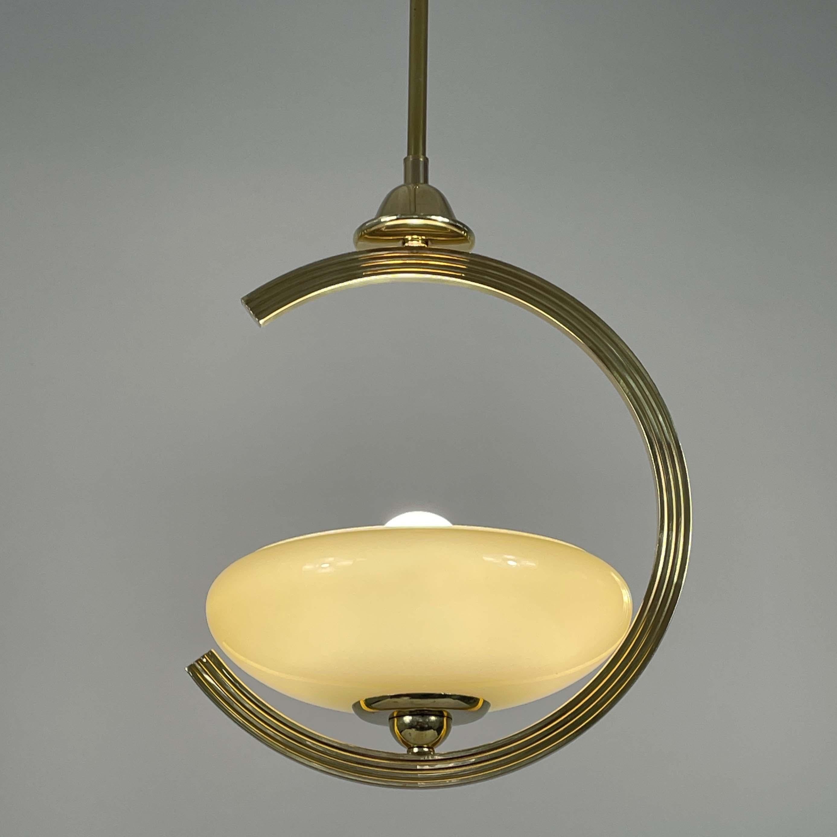 Mid-20th Century Art Deco Brass & Opaline Glass Pendant, Sweden 1940s For Sale