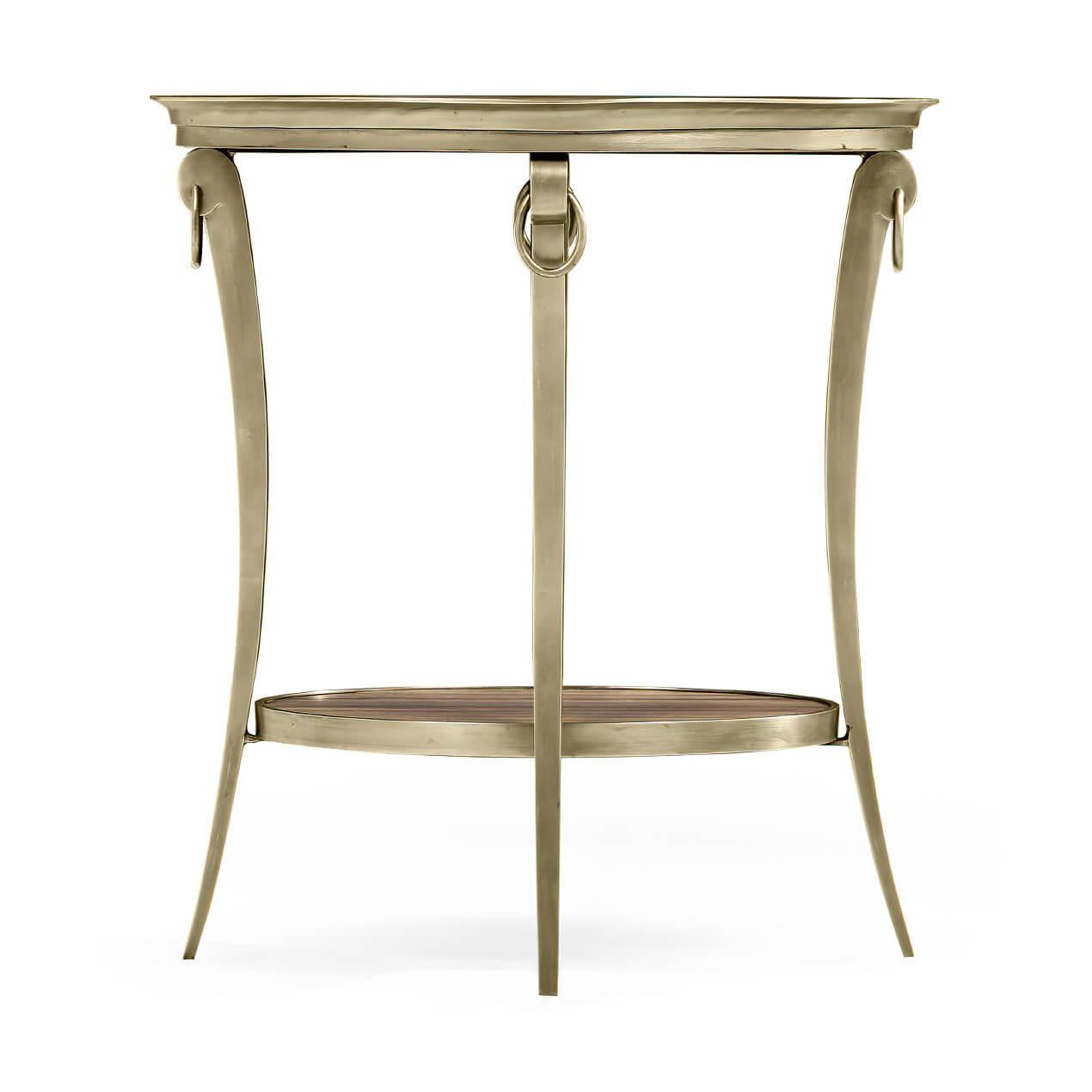 An Art Deco style two-tier oval side table with exotic Paldao veneer tops, brass gallery, and incurved supports with ring decorations.

Dimensions: 20