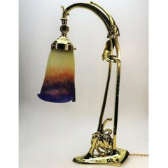 Art Deco Brass Pate De Verre Glass Shad Muller Fres, Table Lamp, 1910