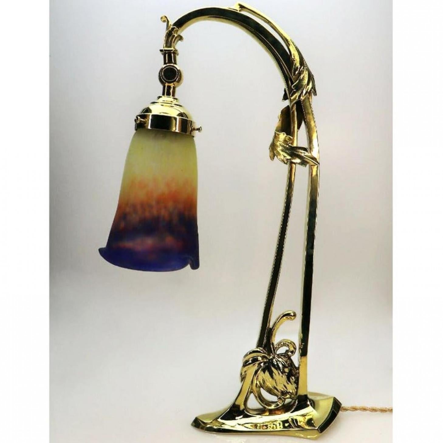 French Art Deco Brass Pate De Verre Glass Shad Muller Fres, Table Lamp, 1910 For Sale