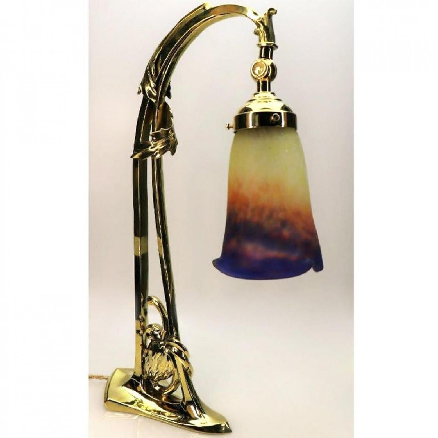 French Art Deco Brass Pate De Verre Glass Shad Muller Fres, Table Lamp, 1910 For Sale