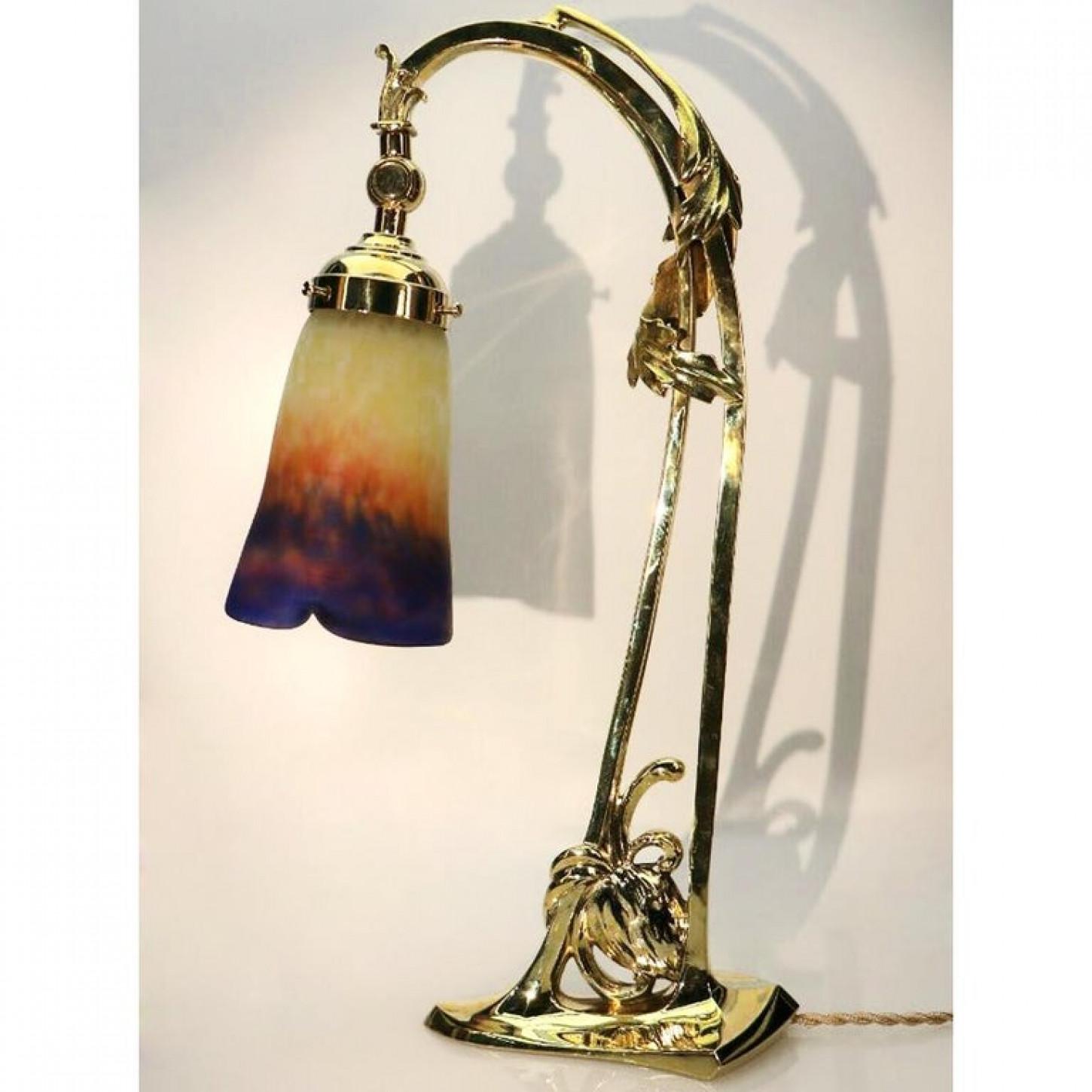 Art Deco Brass Pate De Verre Glass Shad Muller Fres, Table Lamp, 1910 In Good Condition For Sale In Rijssen, NL