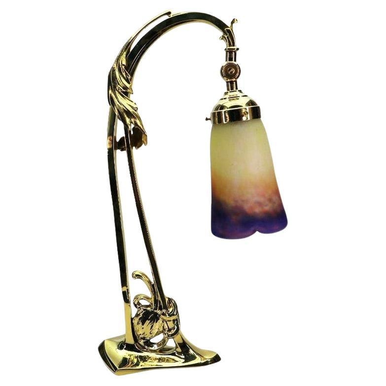 Art Deco Brass Pate De Verre Glass Shad Muller Fres, Table Lamp, 1910