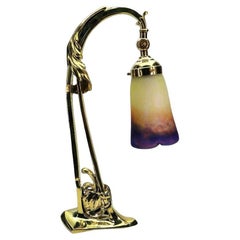 Antique Art Deco Brass Pate De Verre Glass Shad Muller Fres, Table Lamp, 1910