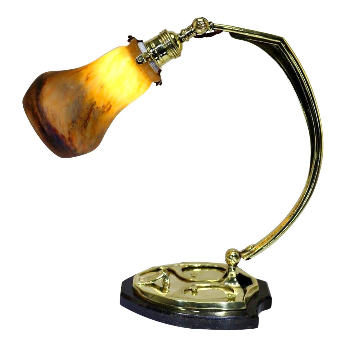 Art Deco Brass Pate De Verre Glass Shade Marmor Muller Fres Table Lamp, 1910