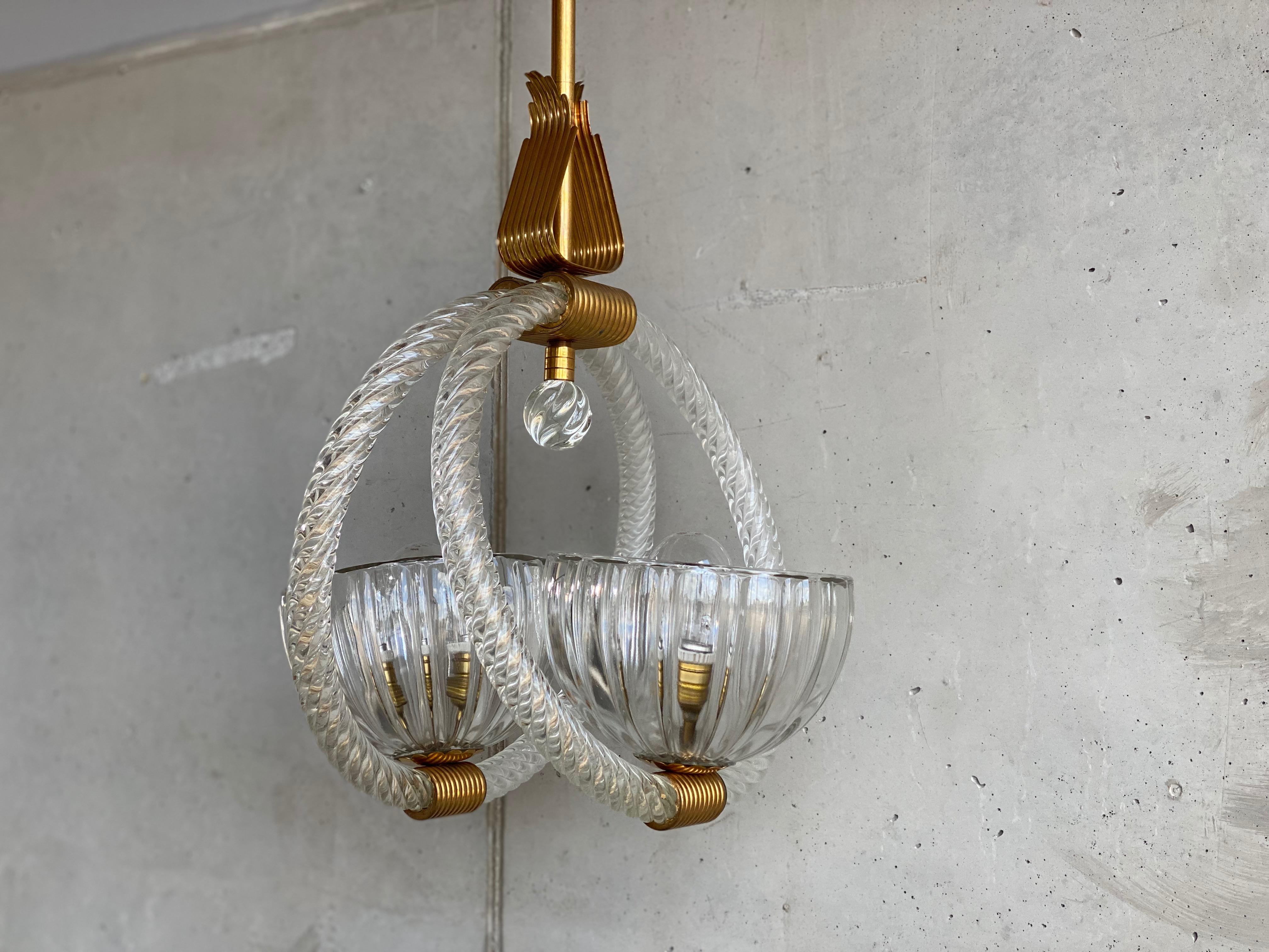 Mid-20th Century Art Deco Murano Glas Pendant Lamp by Barovier & Toso, 1930s with brass For Sale