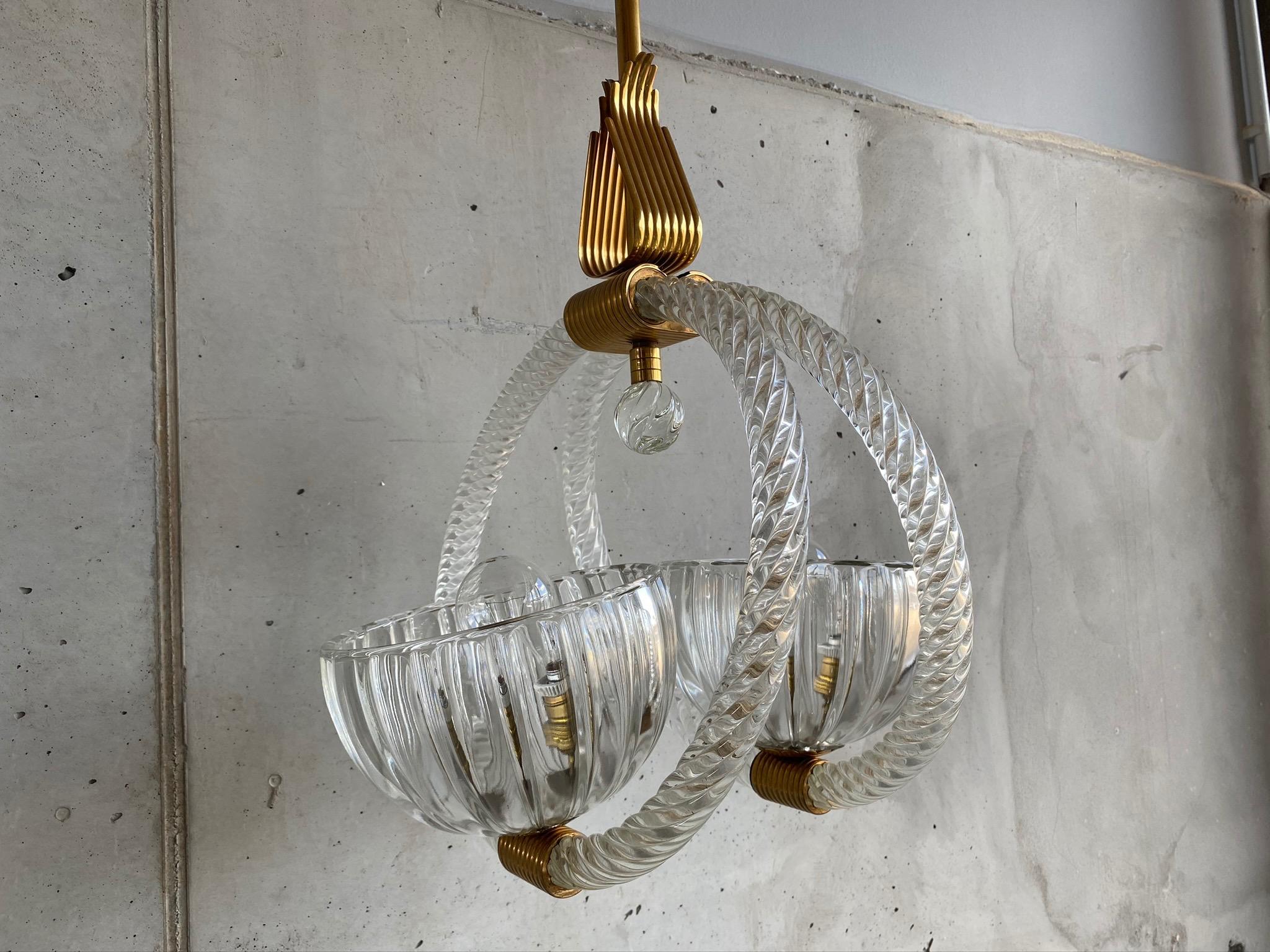 Art Deco Murano Glas Pendant Lamp by Barovier & Toso, 1930s with brass For Sale 1