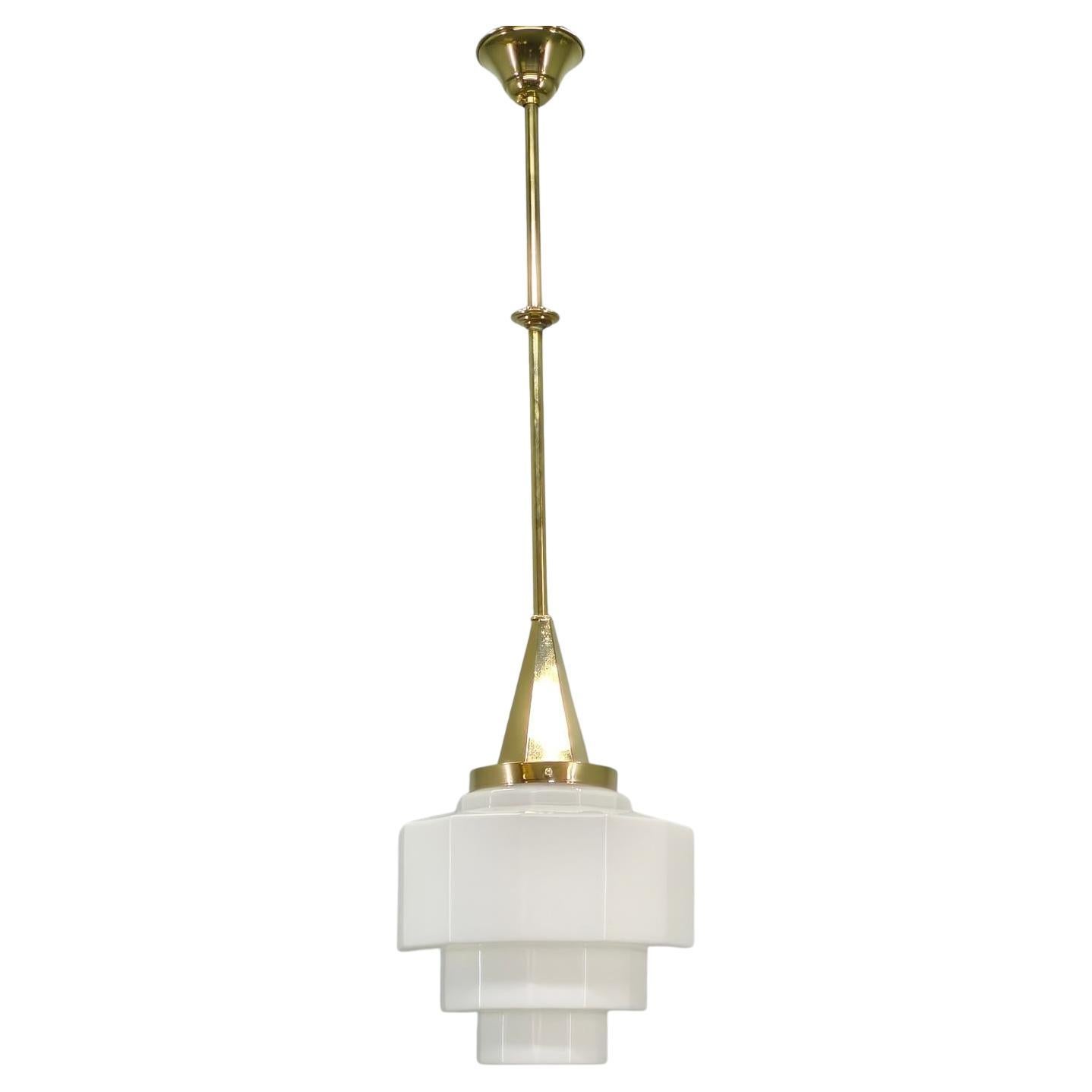 Art Deco Brass Pendant with Geometric Opaline Glass, Czechoslovakia 1930s