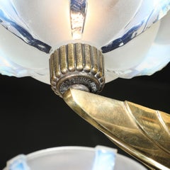 Art Deco Brass Petitot Chandelier w/ Glass Rods & Opalescent Glass Shades