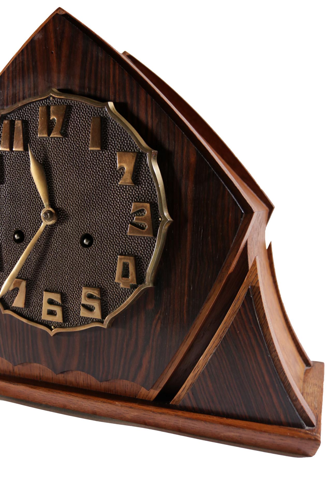 Art Deco Brass Coromandel Oak Mantle Clock Amsterdam School, 1920s 3