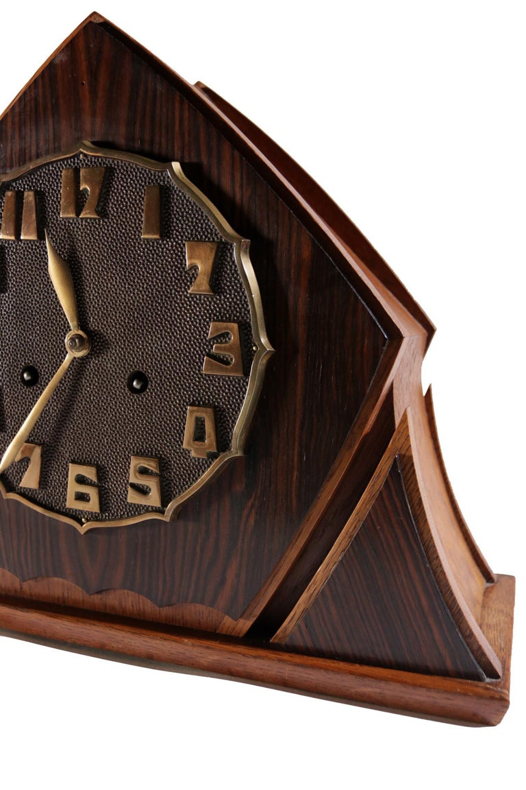 Art Deco Brass Rosewood Oak Mantle Clock Amsterdam School, 1920s For Sale 5