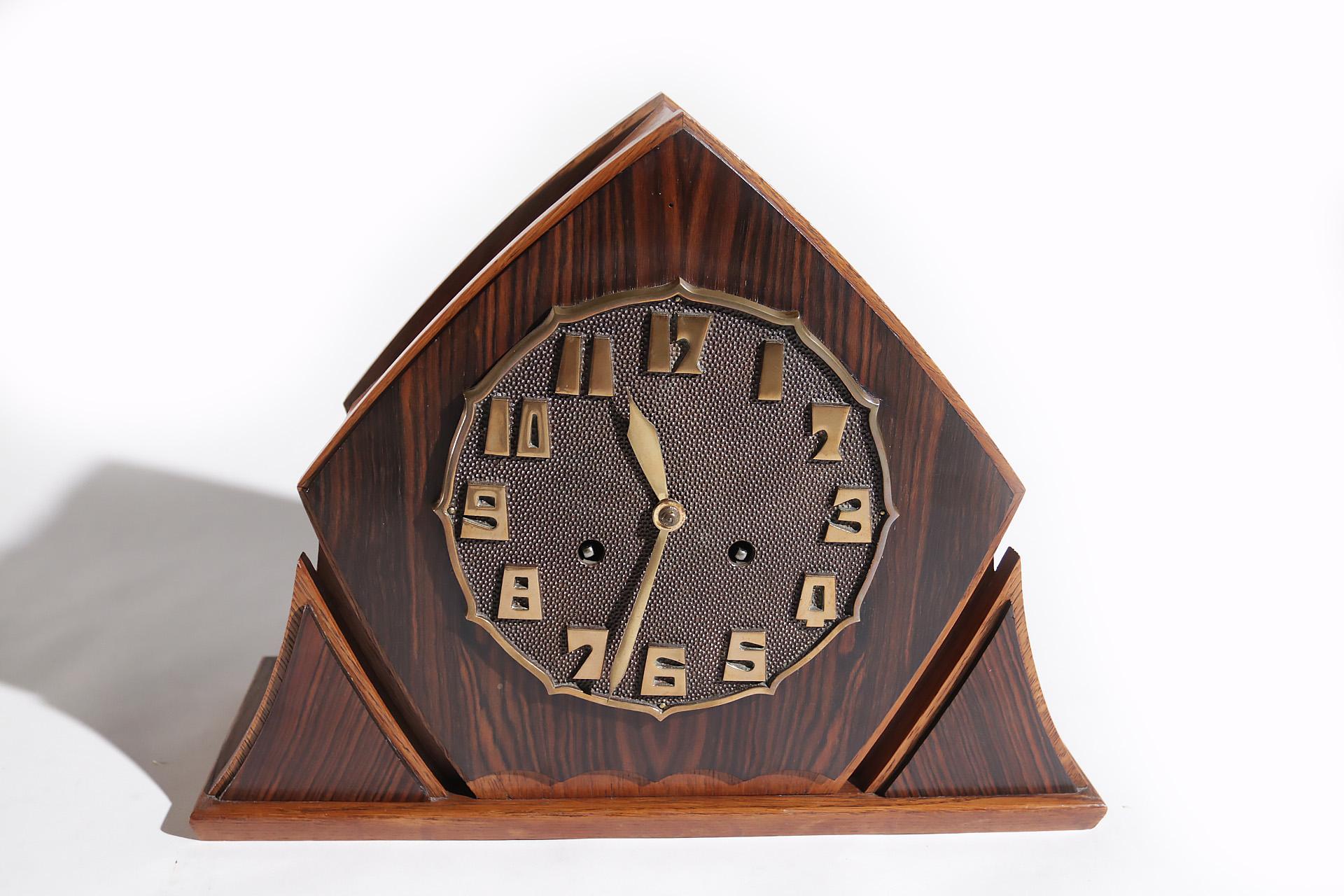 Art Deco Brass Coromandel Oak Mantle Clock Amsterdam School, 1920s 6