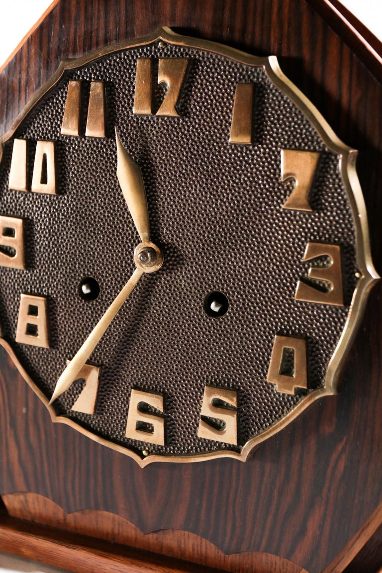 Art Deco Brass Rosewood Oak Mantle Clock Amsterdam School, 1920s In Good Condition For Sale In Boven Leeuwen, NL