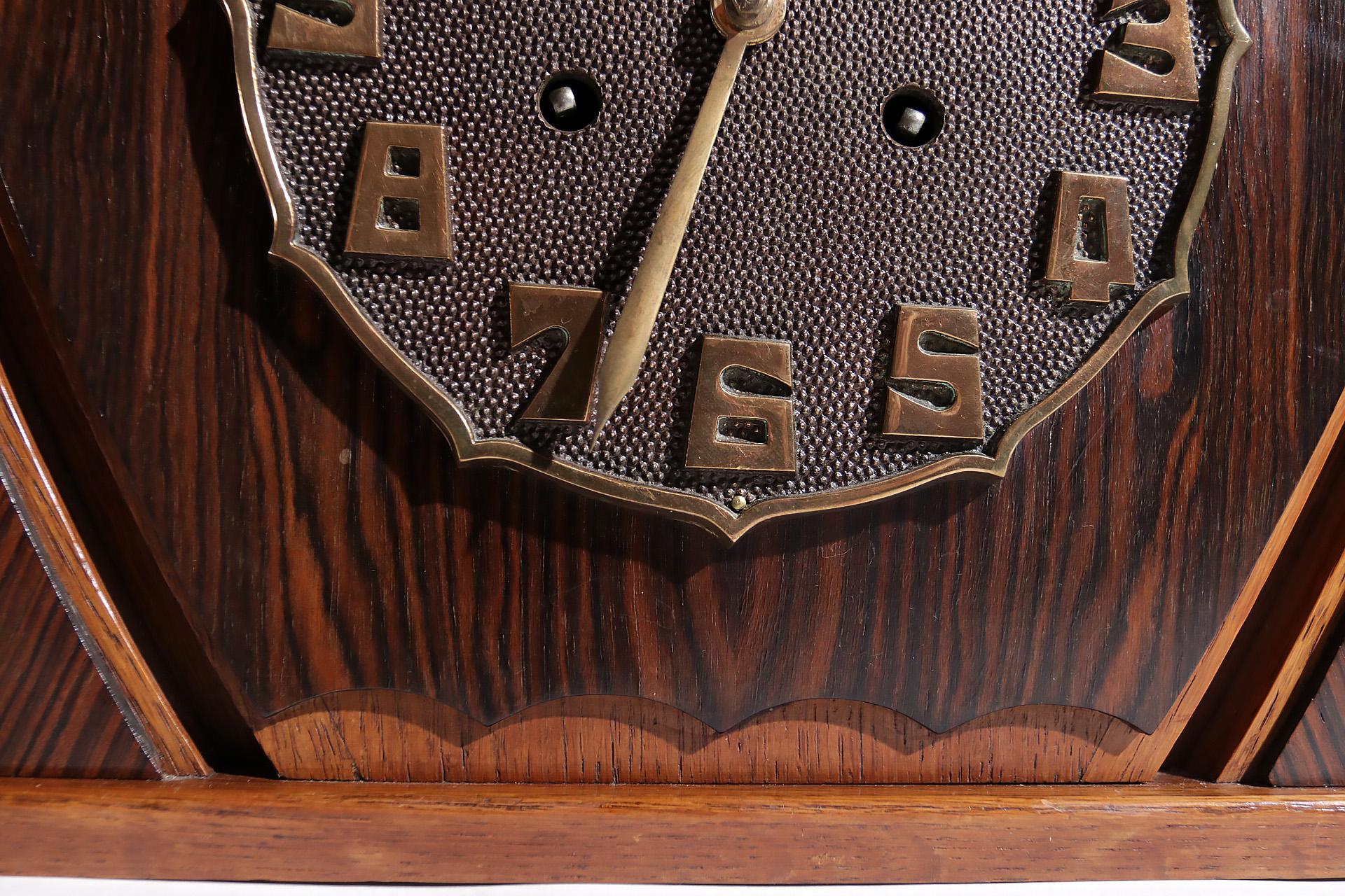 Dutch Art Deco Brass Coromandel Oak Mantle Clock Amsterdam School, 1920s
