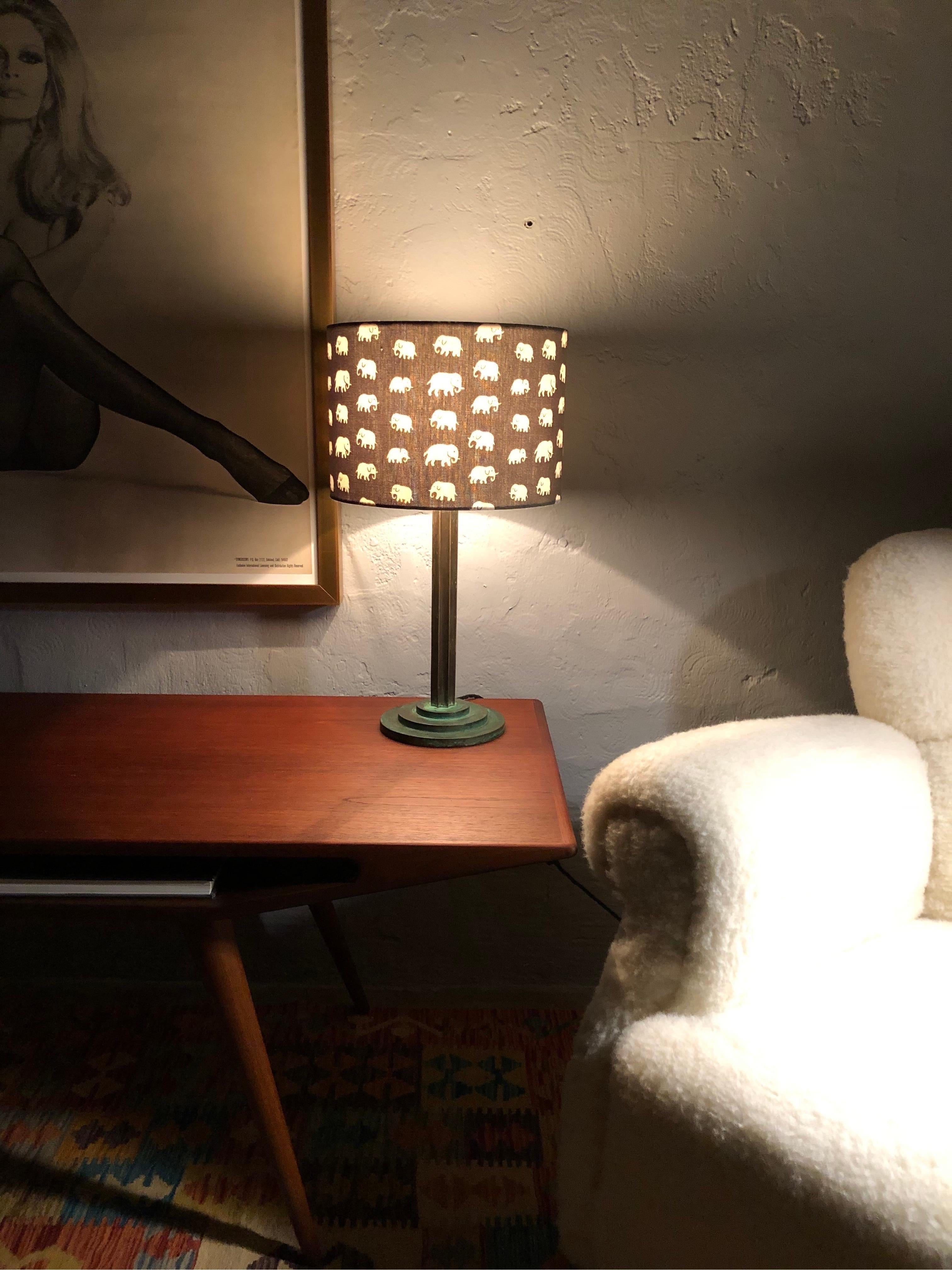 Hand-Crafted Art Deco Brass Table Lamp Fitted with a Svensk Tenn Lampshade For Sale