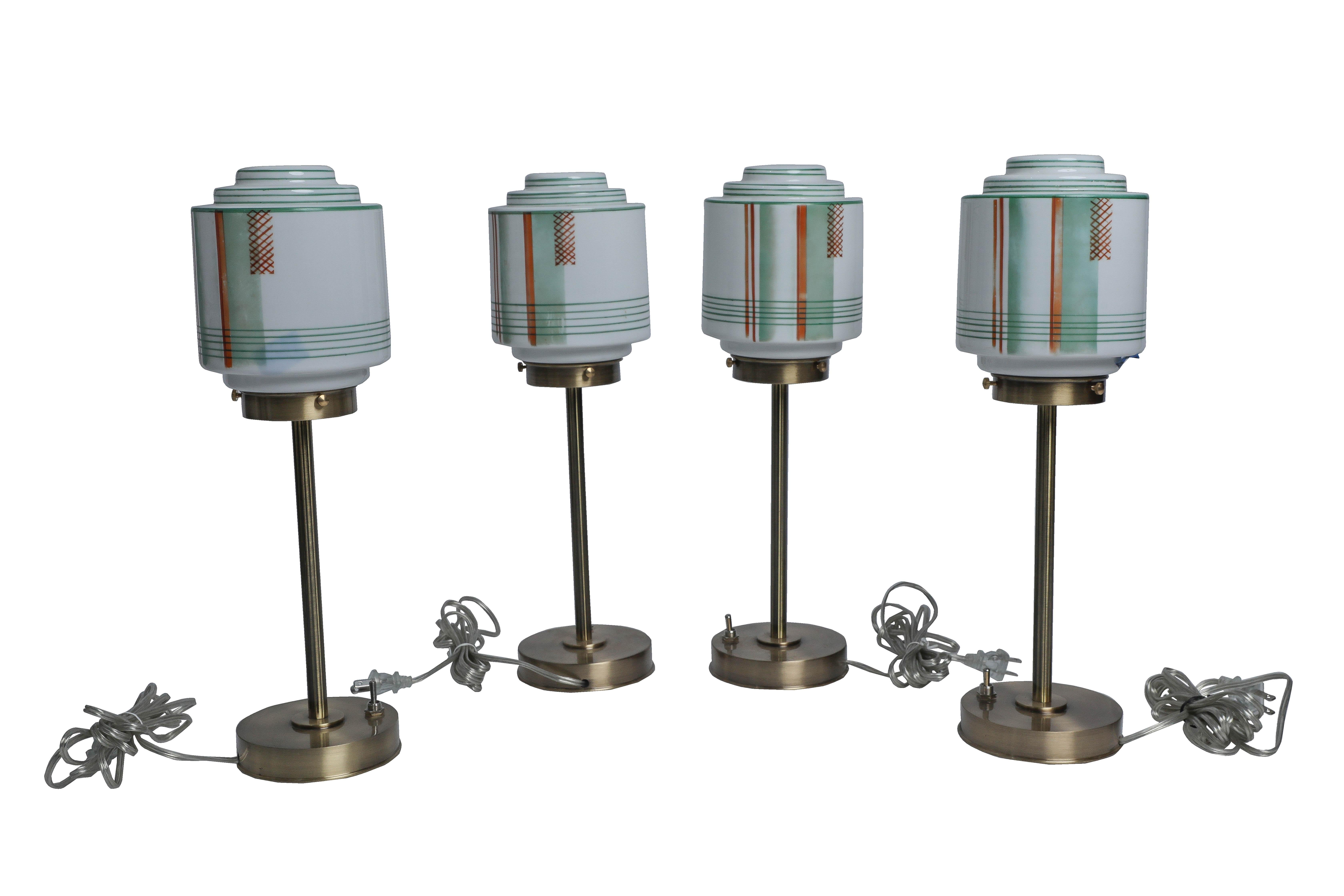 20th Century Art Deco Brass Table Lamps with Art Glass European Shades For Sale