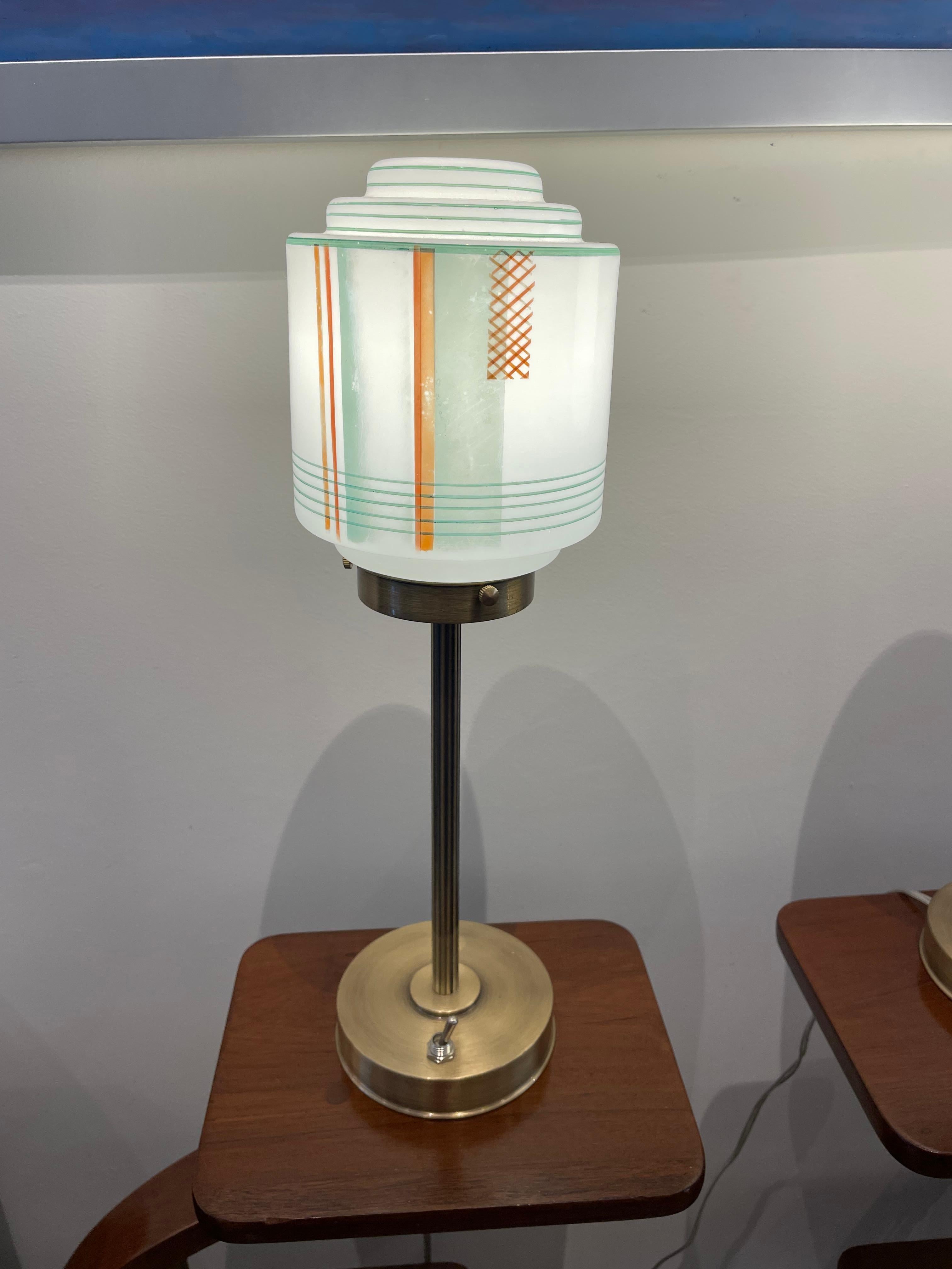 Art Deco Brass Table Lamps with Art Glass European Shades For Sale 1