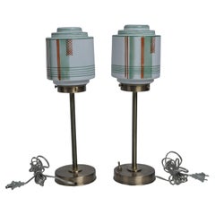 Art Deco Brass Table Lamps with Art Glass European Shades
