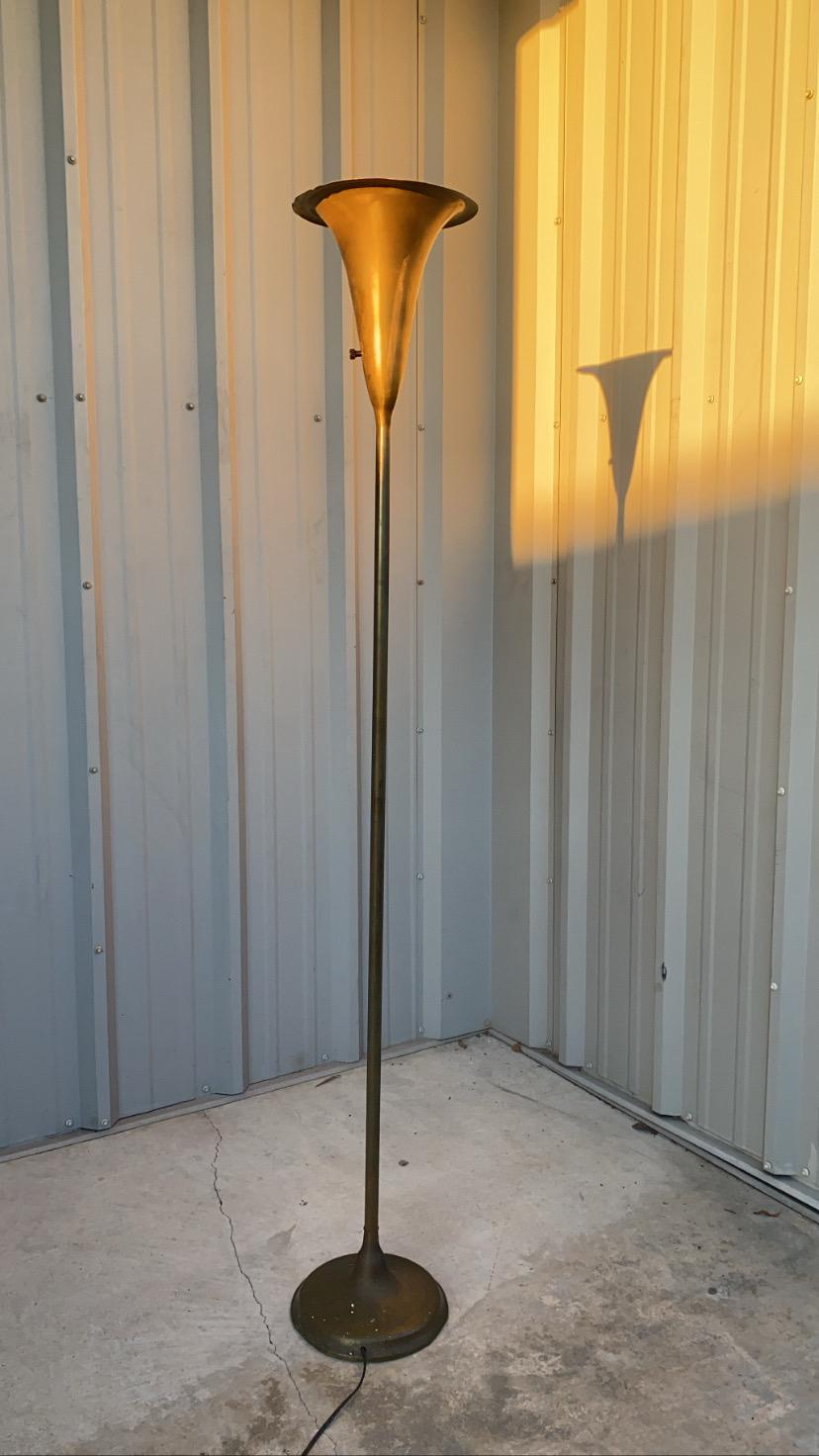 A Beautiful Art Deco Brass Torchiere Floor Lamp. All original form like patina on brass.