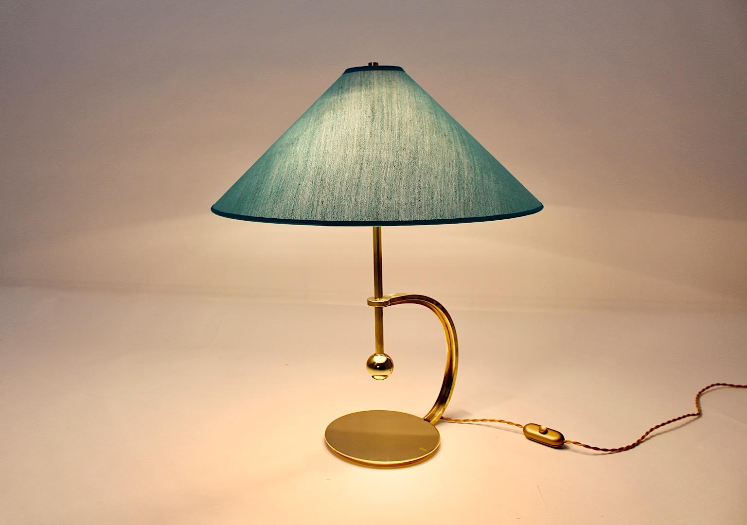 Austrian Art Deco Brass Vintage Table Lamp Blue Teal Textile Shade Vienna C 1925 For Sale