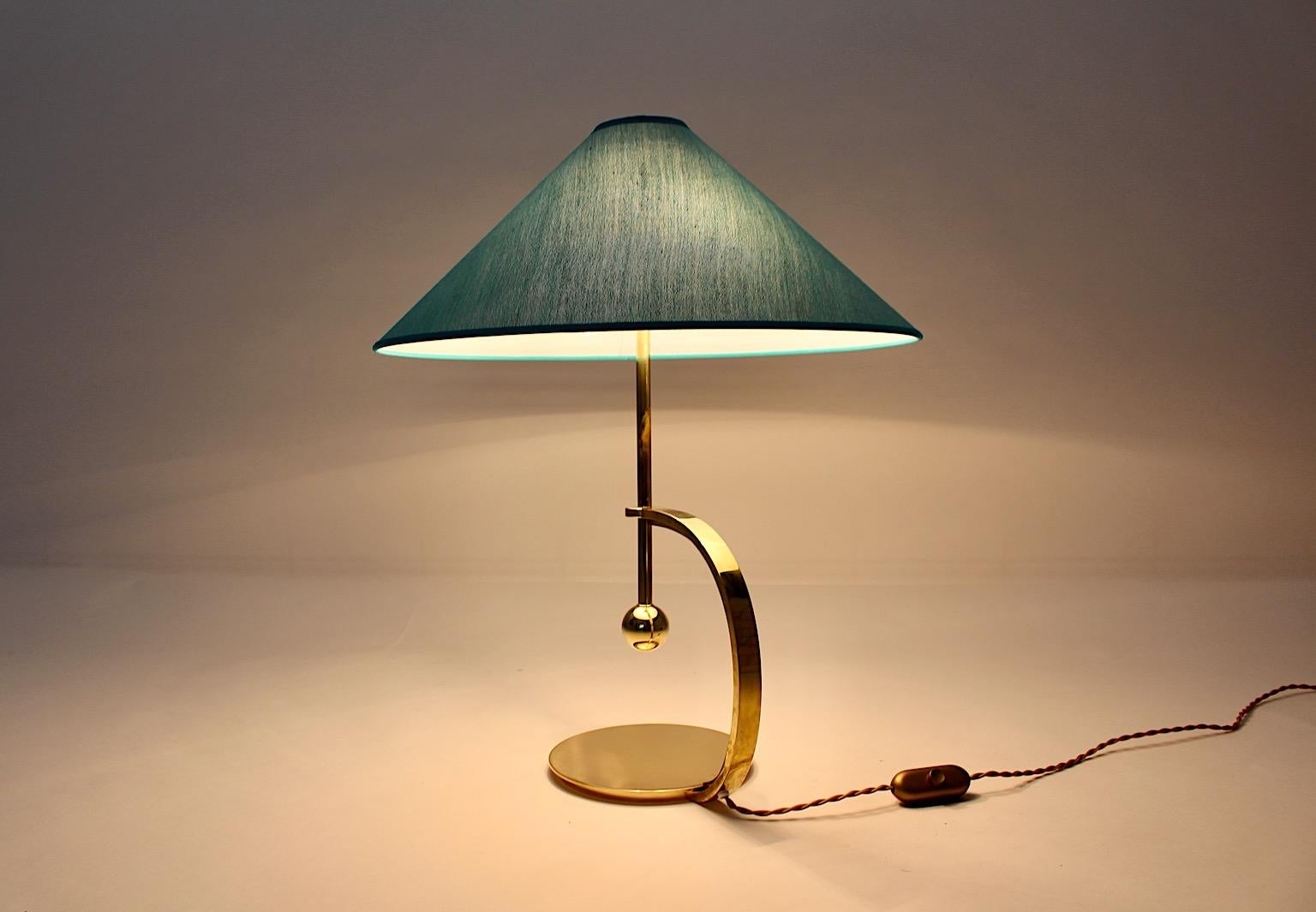Early 20th Century Art Deco Brass Vintage Table Lamp Blue Teal Textile Shade Vienna C 1925 For Sale