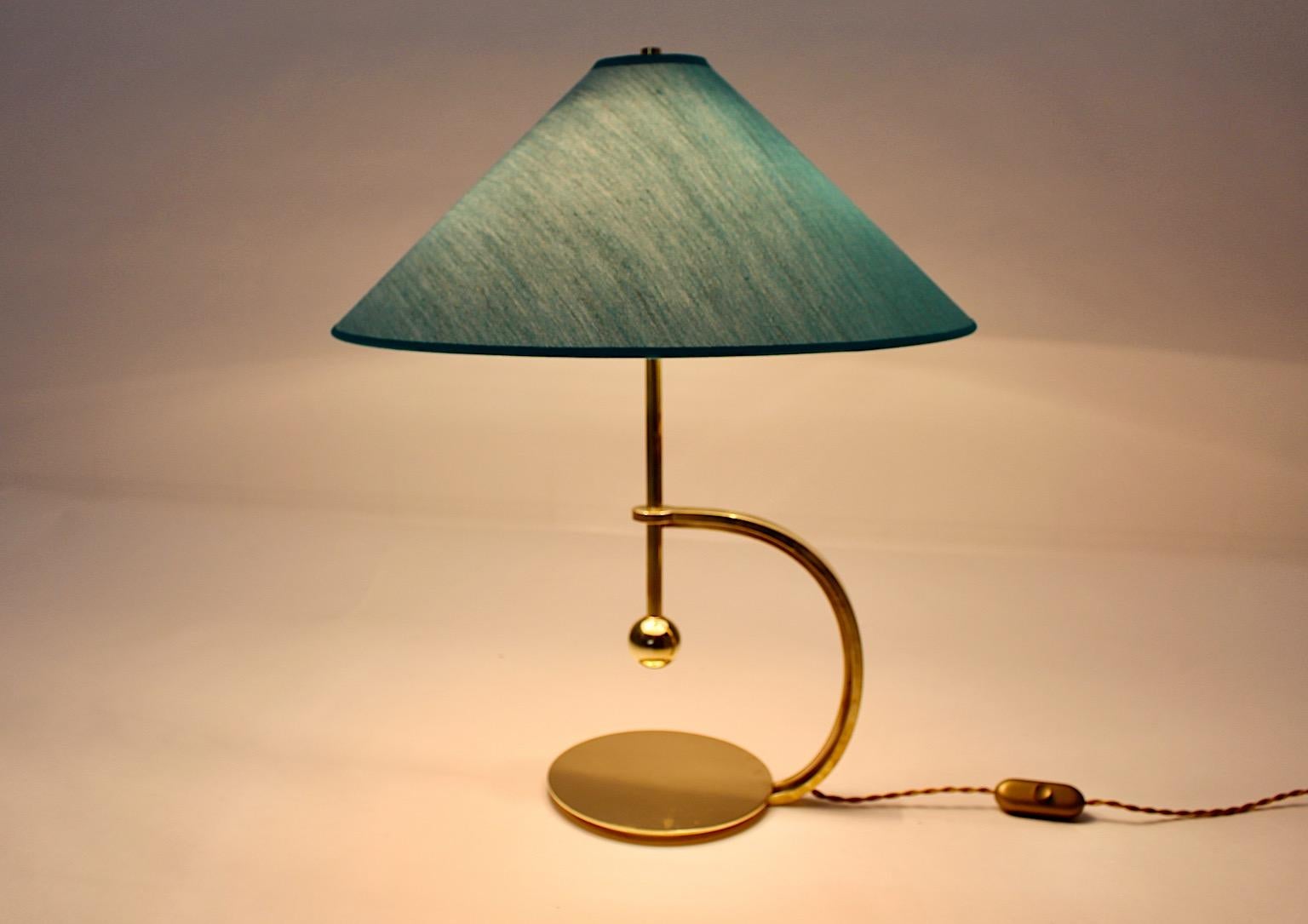 Art Deco Brass Vintage Table Lamp Blue Teal Textile Shade Vienna C 1925 For Sale 1