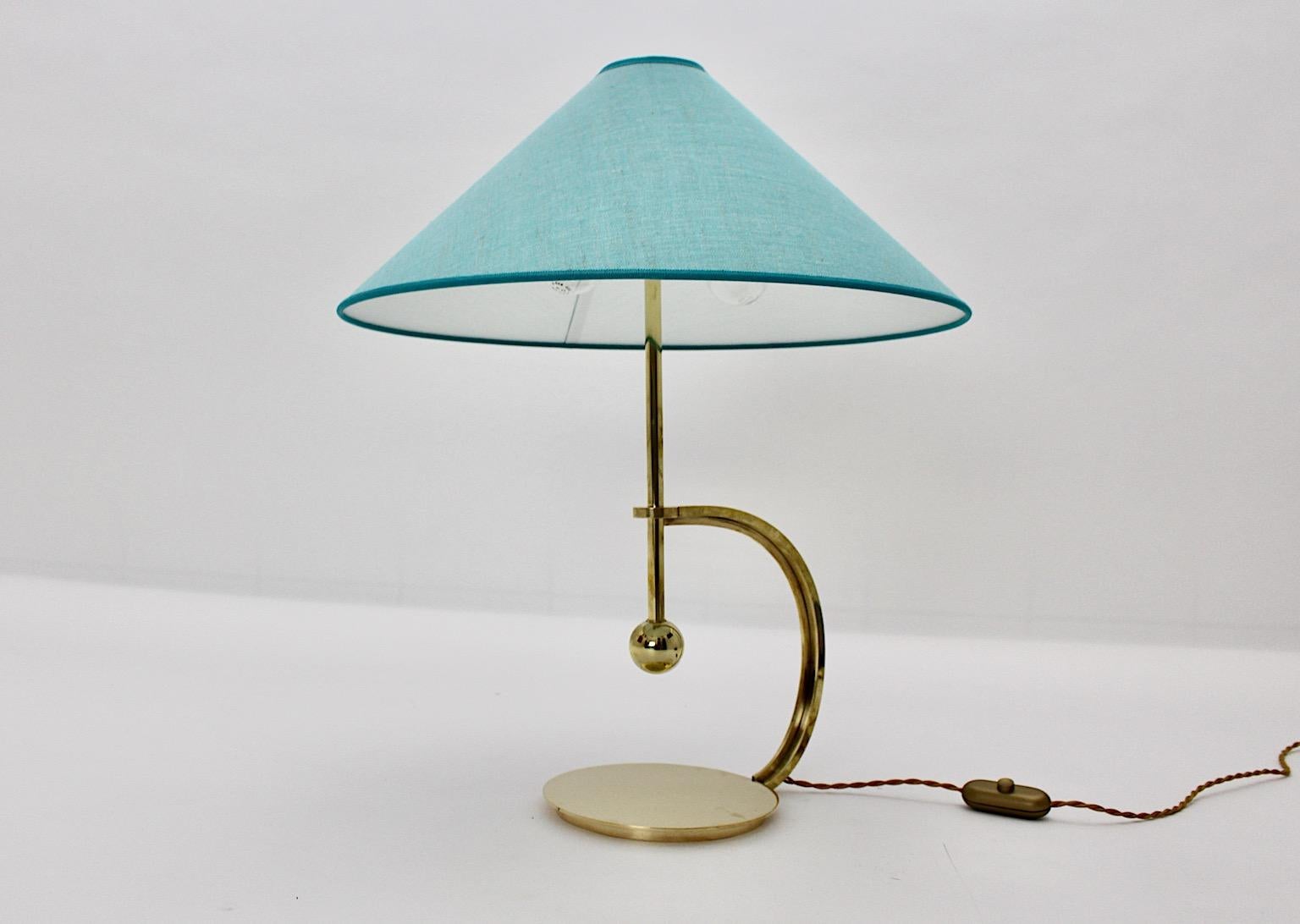 Art Deco Brass Vintage Table Lamp Blue Teal Textile Shade Vienna C 1925 For Sale 5