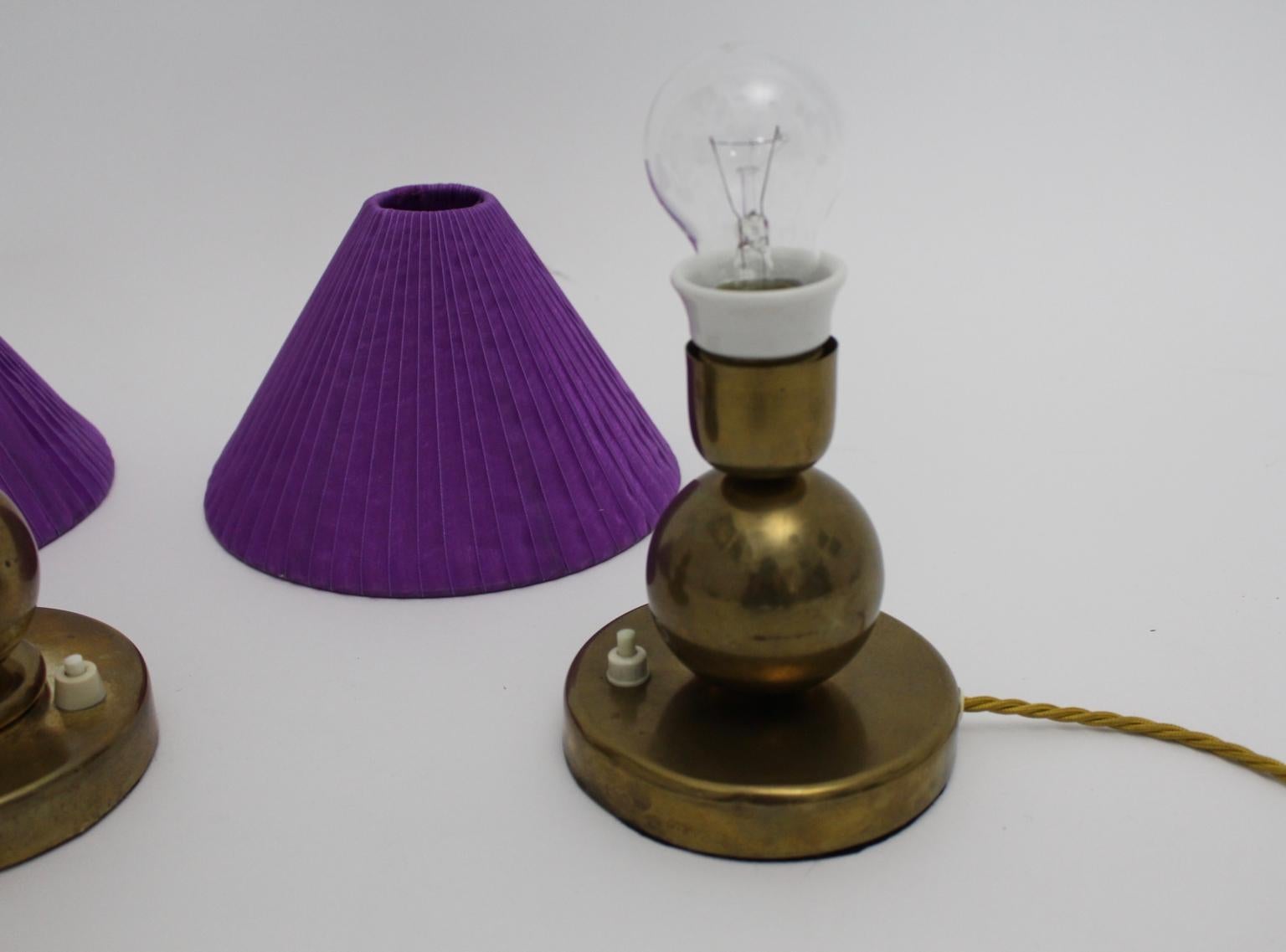 Art Deco Brass Vintage Table Lamps with Lilac Lamp Shade 1930s, France 1